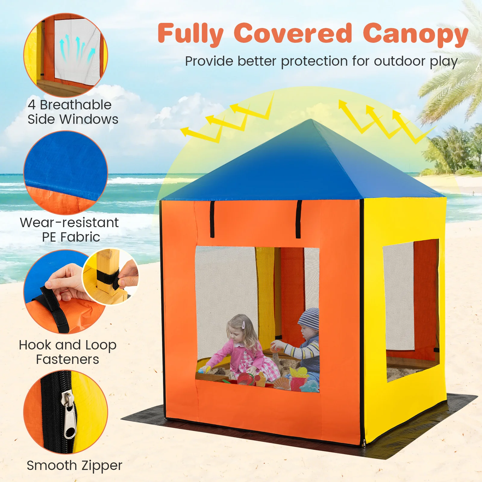 Kids Wooden Sandbox with Canopy Large Sand Pit with Mesh Windows and Bottom Liner-Multicolor - Image 7