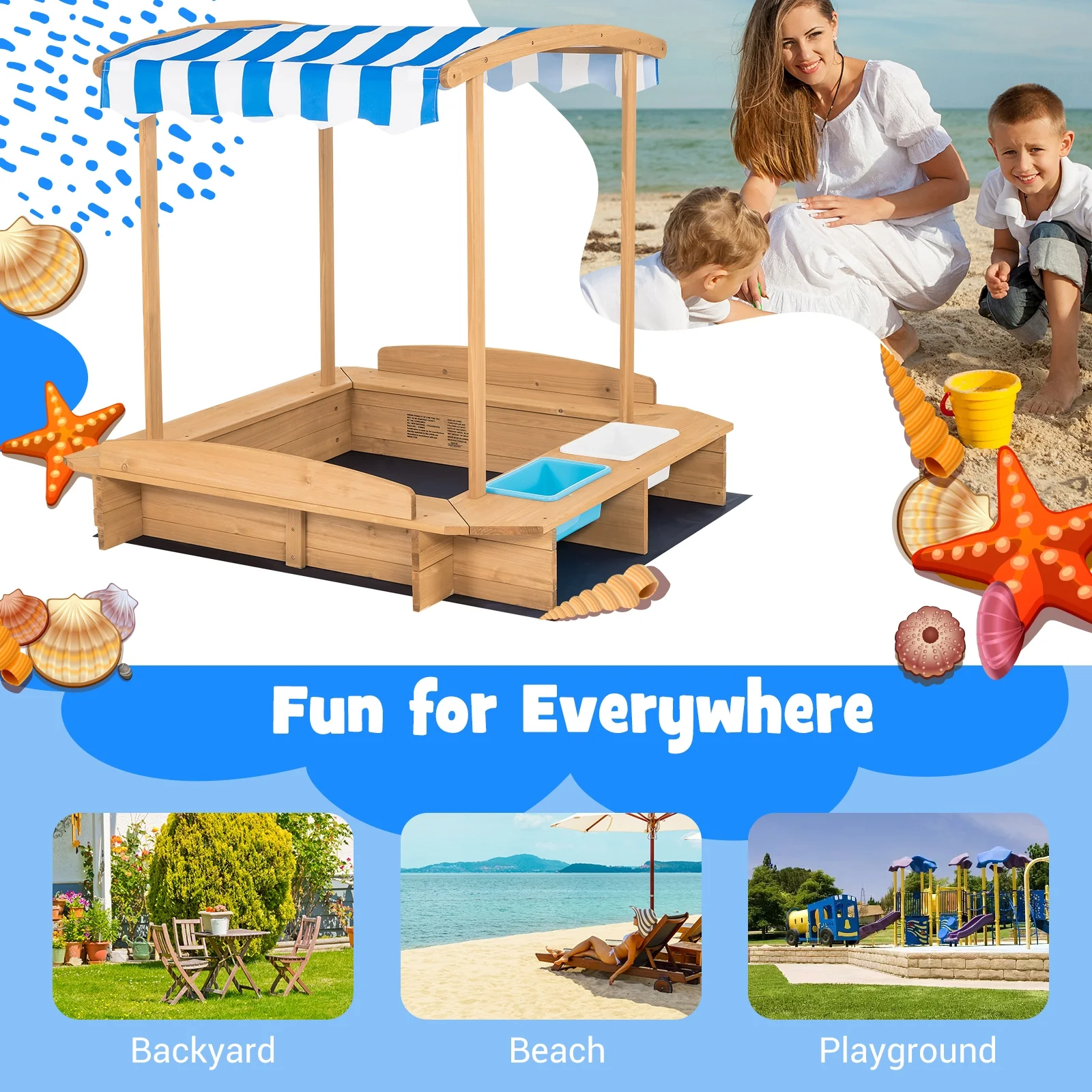 Kids Wooden Sandbox with Striped Canopy - Image 6