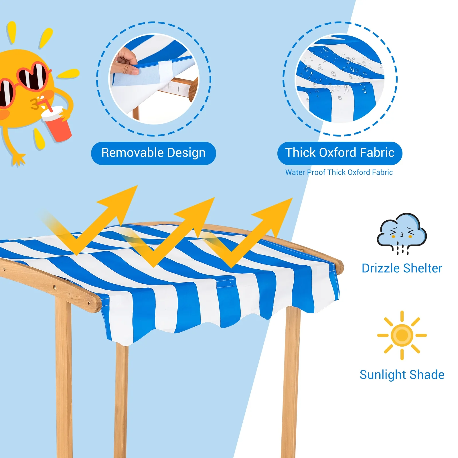 Kids Wooden Sandbox with Striped Canopy - Image 7