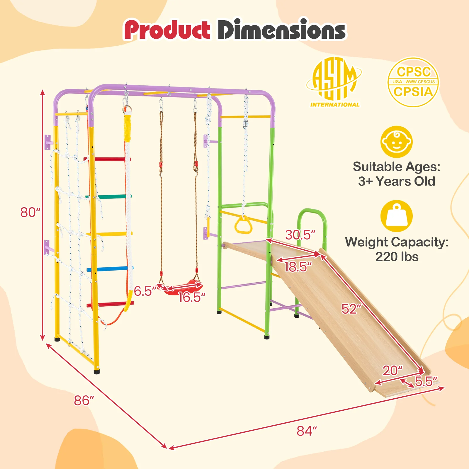 Metal Indoor Jungle Gym 8-in-1 Climbing Playset with Monkey Bars-Multicolor - Image 3