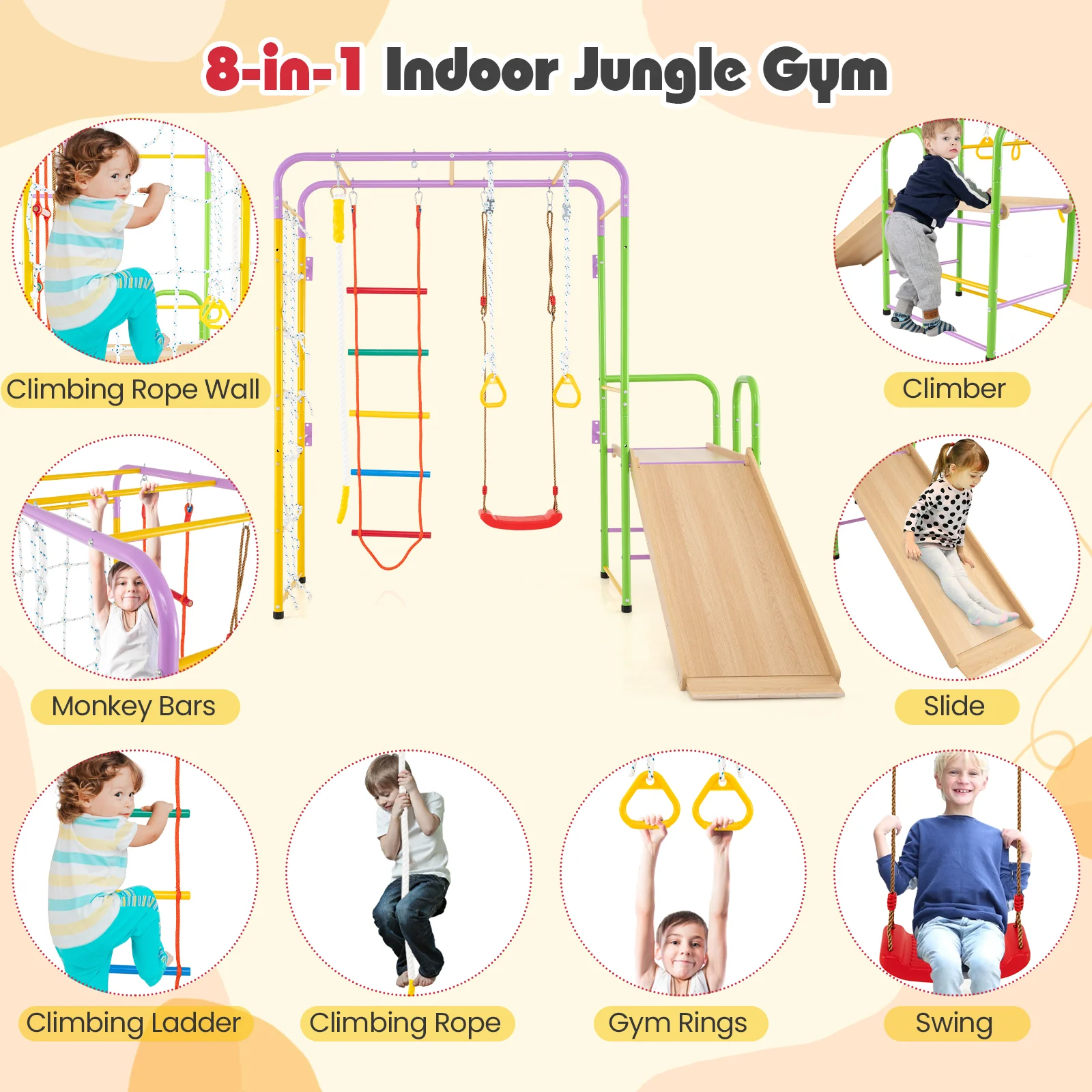 Metal Indoor Jungle Gym 8-in-1 Climbing Playset with Monkey Bars-Multicolor - Image 5