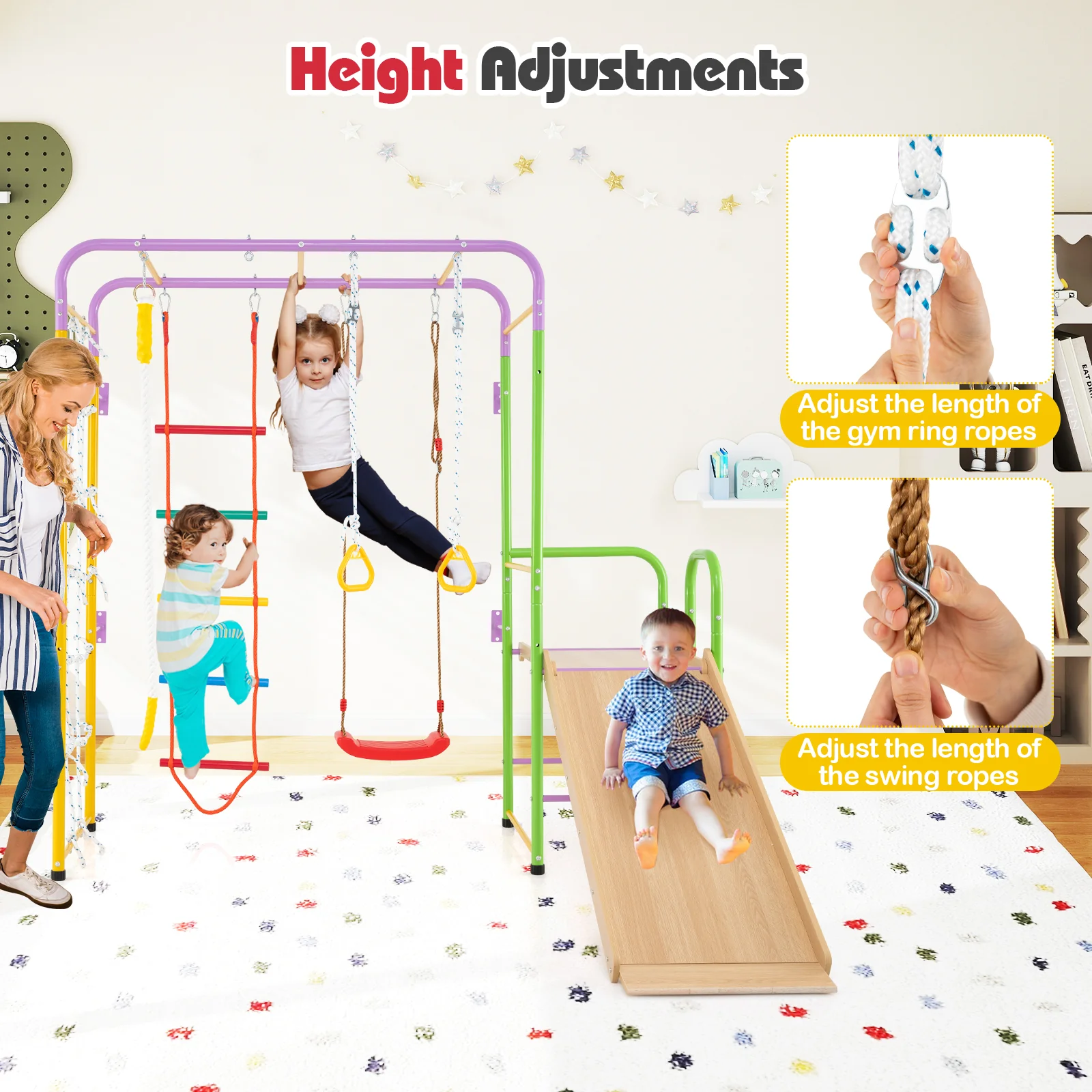 Metal Indoor Jungle Gym 8-in-1 Climbing Playset with Monkey Bars-Multicolor - Image 7
