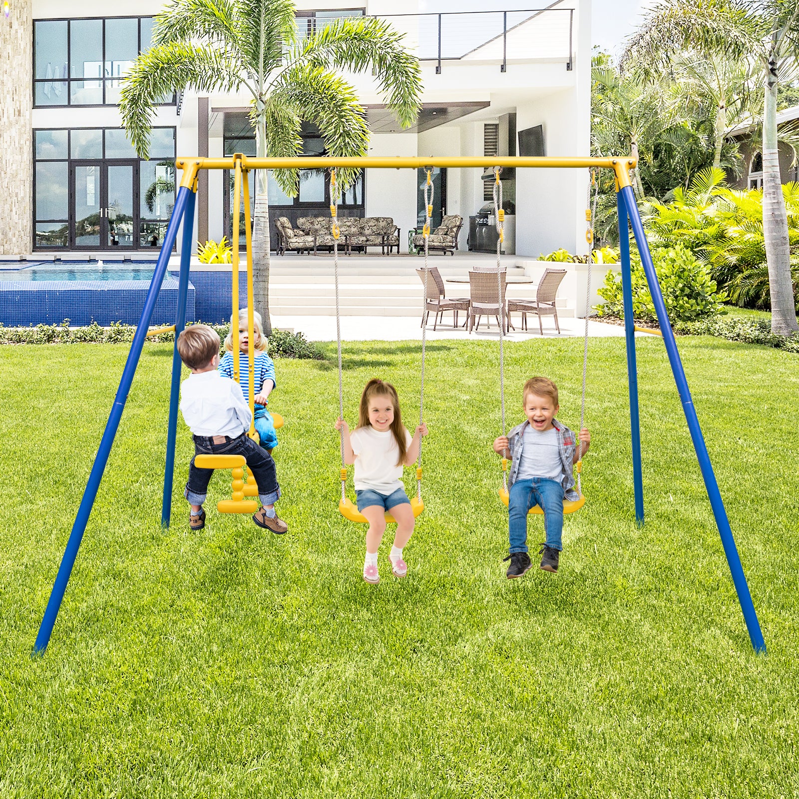 Metal Swing Set for Backyard with 2 Swing Seats and 2 Glider Seats-Blue - Image 2
