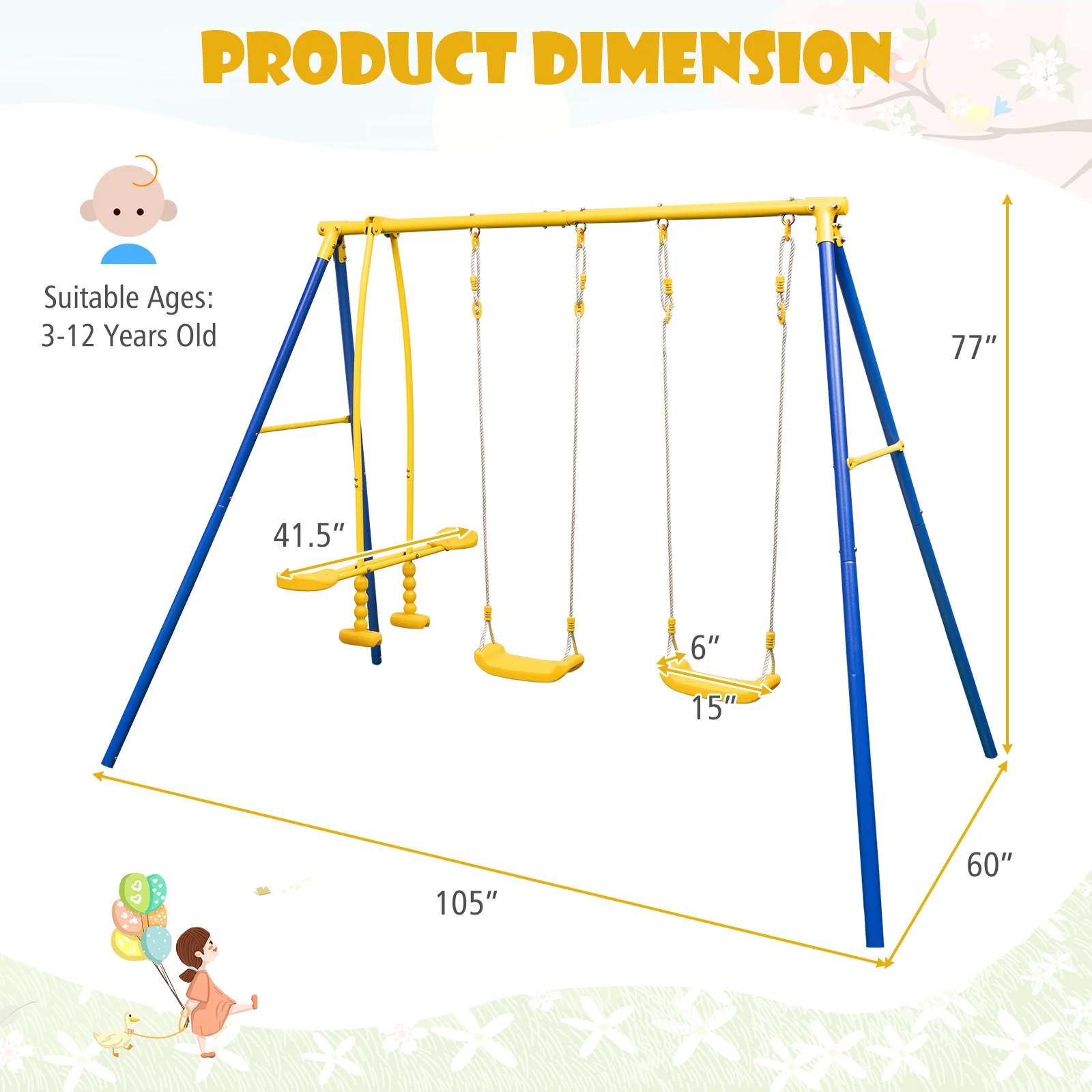 Metal Swing Set for Backyard with 2 Swing Seats and 2 Glider Seats-Blue - Image 5