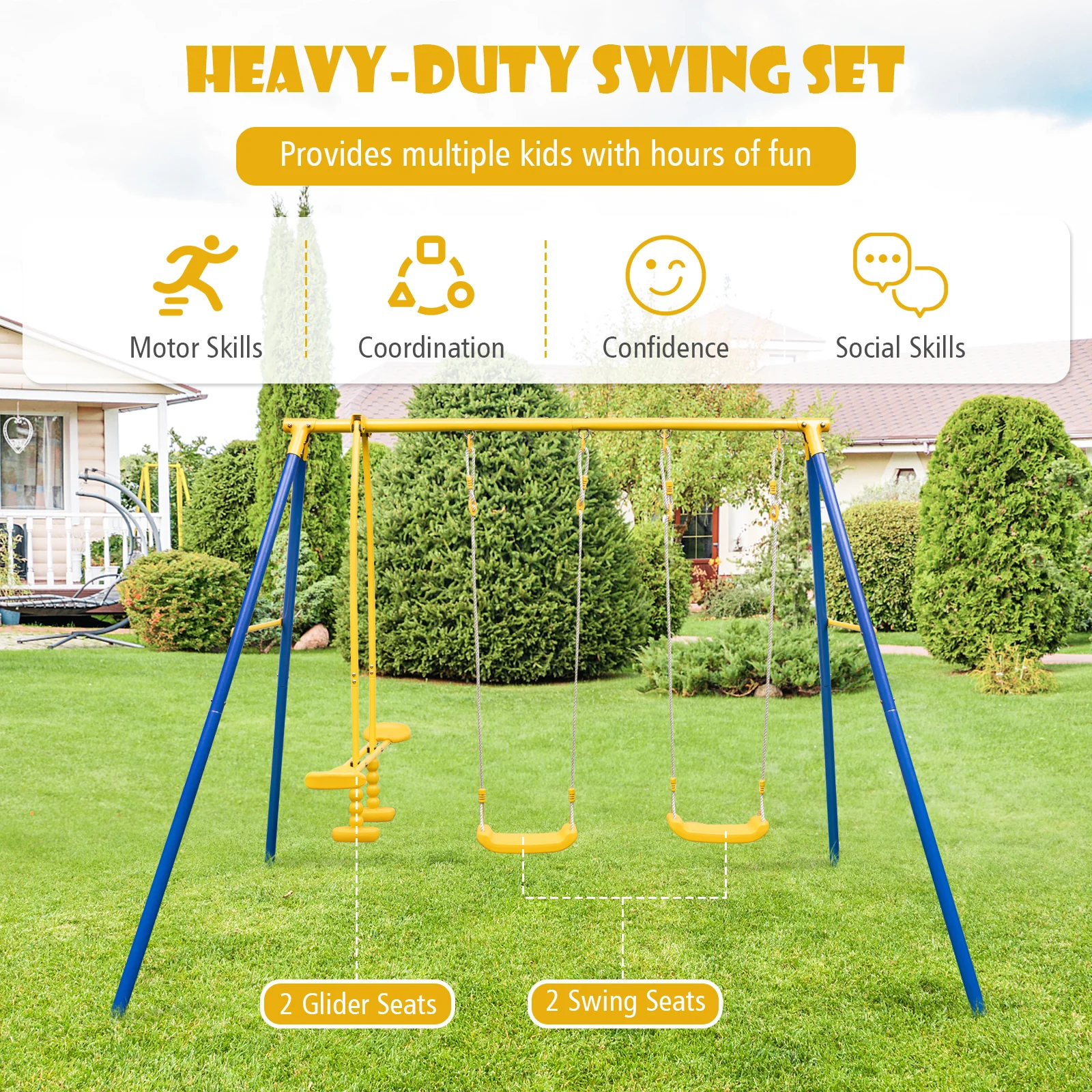 Metal Swing Set for Backyard with 2 Swing Seats and 2 Glider Seats-Blue - Image 7