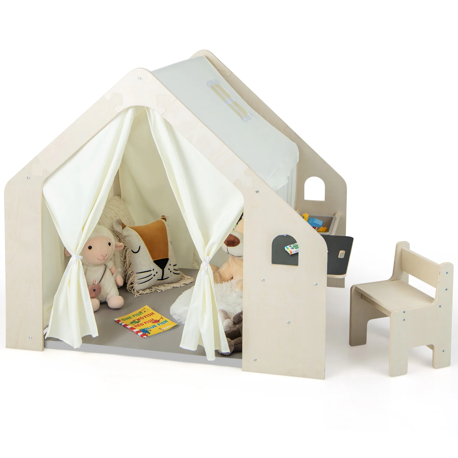 Montessori Style Indoor Playhouse with Storage Bin and Floor Mat for Toddlers Aged 2-6 Years Old-Beige - Image 3