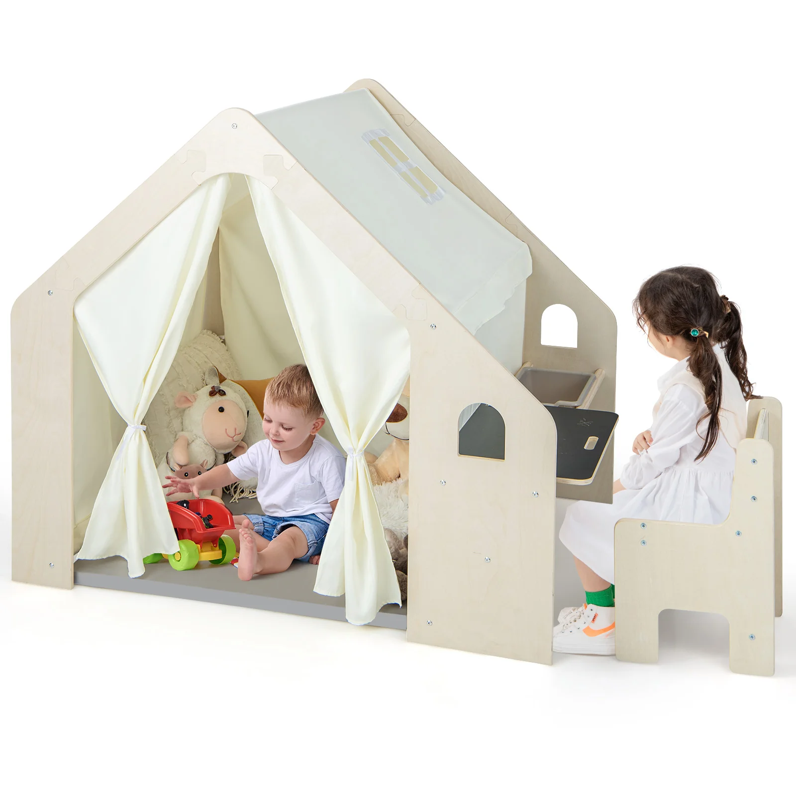 Montessori Style Indoor Playhouse with Storage Bin and Floor Mat for Toddlers Aged 2-6 Years Old-Beige - Image 4