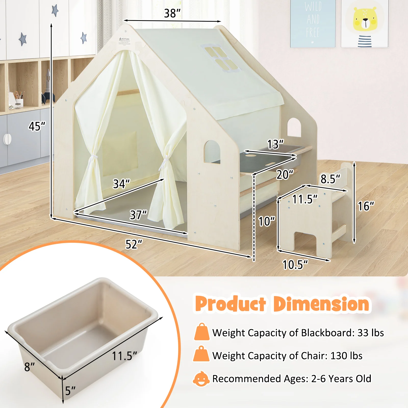 Montessori Style Indoor Playhouse with Storage Bin and Floor Mat for Toddlers Aged 2-6 Years Old-Beige - Image 5