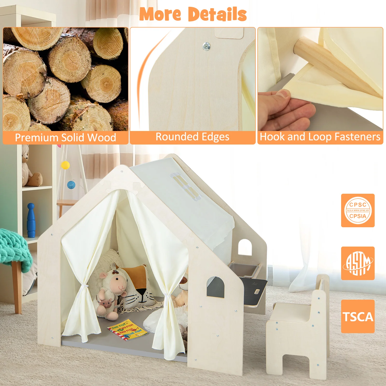 Montessori Style Indoor Playhouse with Storage Bin and Floor Mat for Toddlers Aged 2-6 Years Old-Beige - Image 8