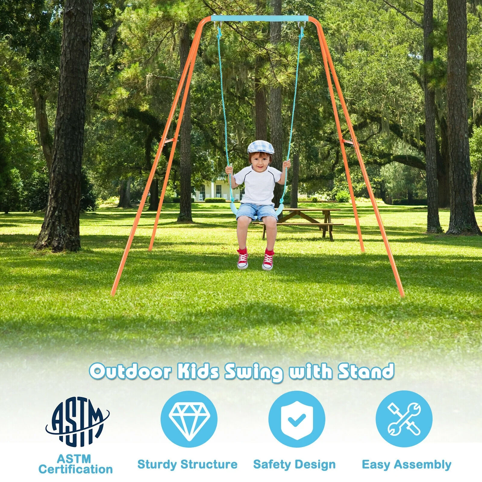 Outdoor Kids Swing Set with Heavy-Duty Metal A-Frame and Ground Stakes - Image 10