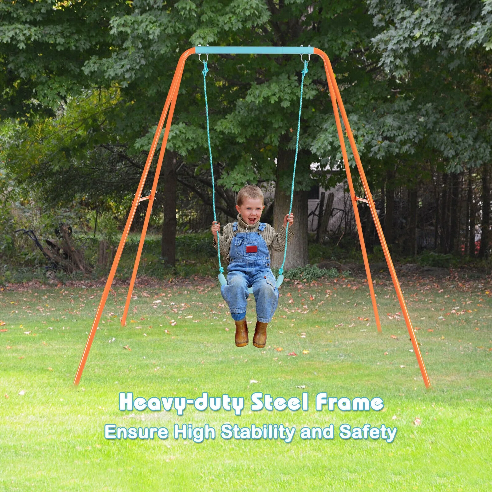 Outdoor Kids Swing Set with Heavy-Duty Metal A-Frame and Ground Stakes - Image 14
