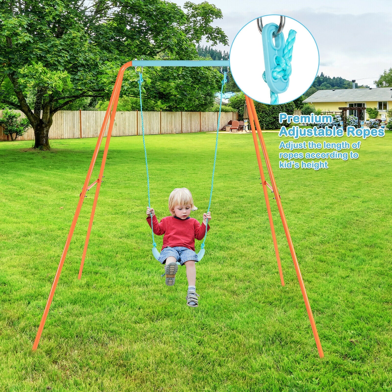 Outdoor Kids Swing Set with Heavy-Duty Metal A-Frame and Ground Stakes - Image 15