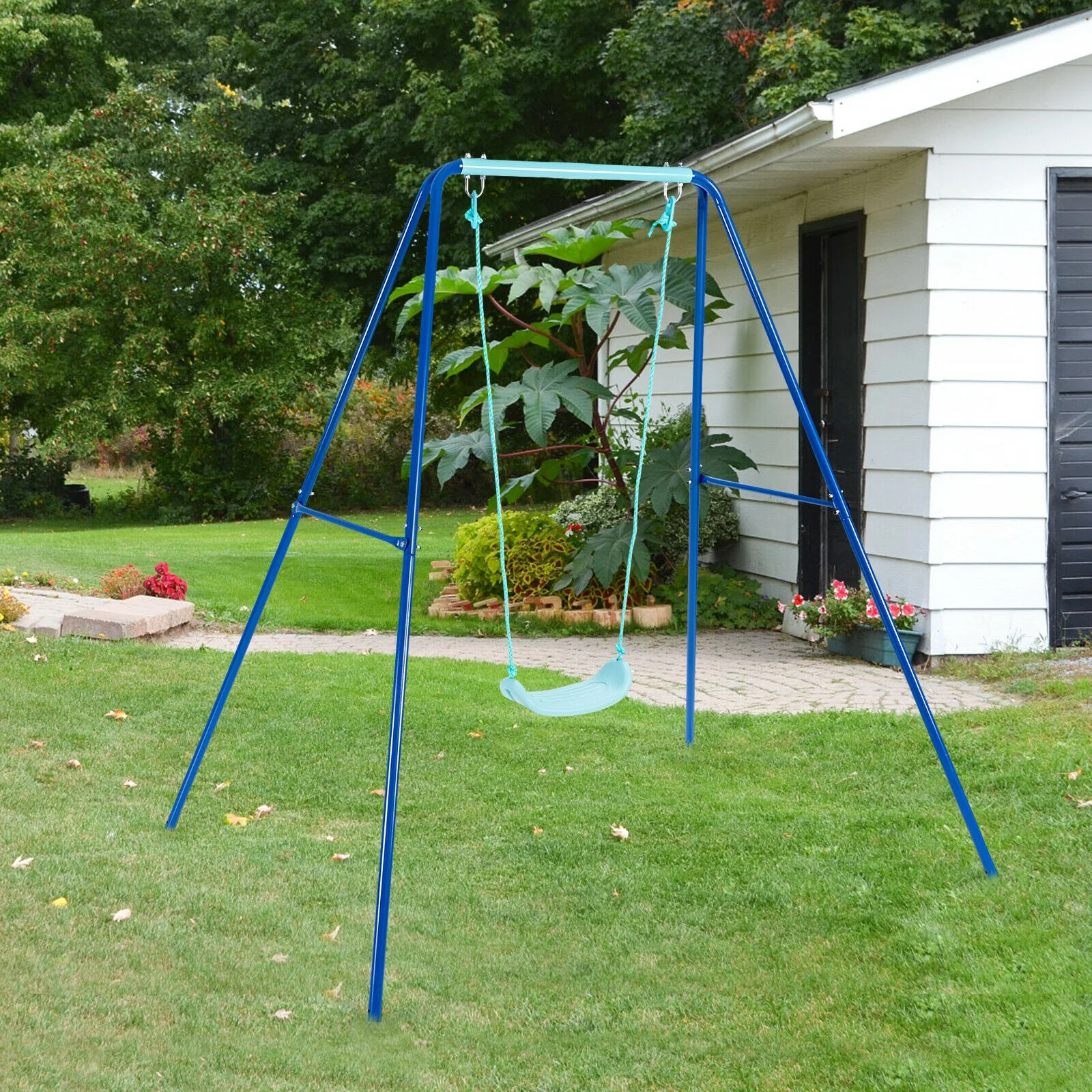 Outdoor Kids Swing Set with Heavy-Duty Metal A-Frame and Ground Stakes - Image 6