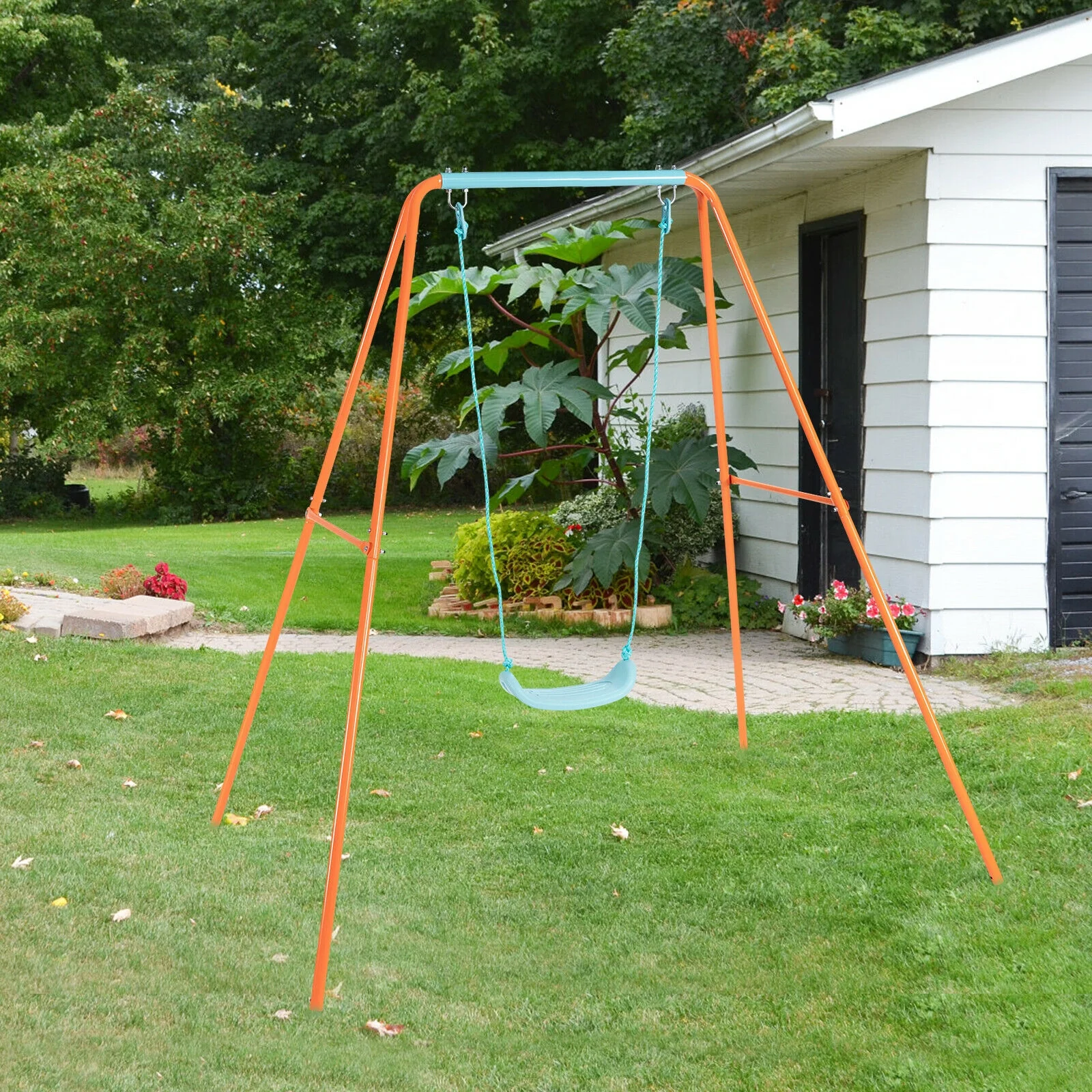 Outdoor Kids Swing Set with Heavy-Duty Metal A-Frame and Ground Stakes - Image 9