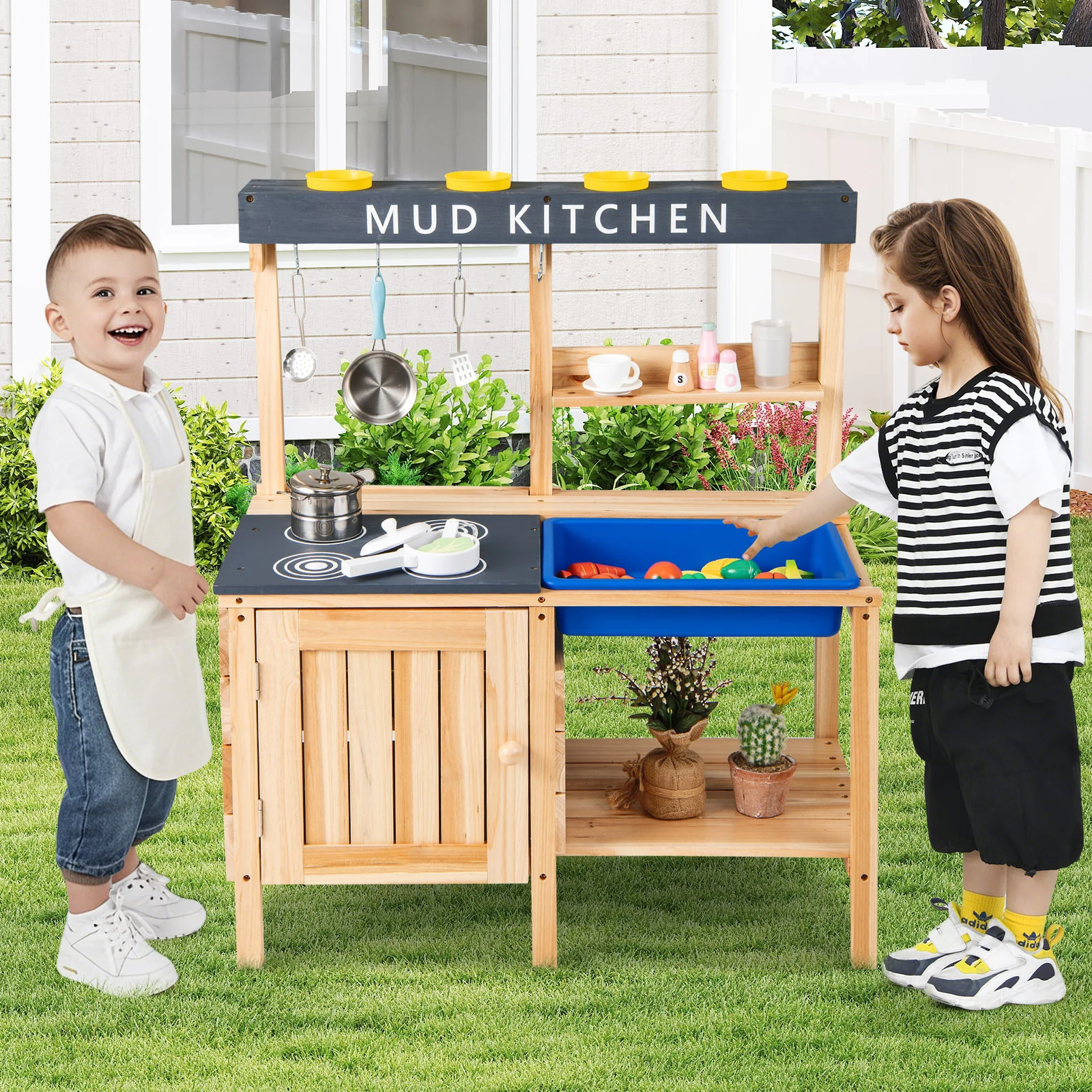 Outdoor Mud Kids Kitchen Playset Wooden Pretend Play Toy with Kitchenware - Image 2
