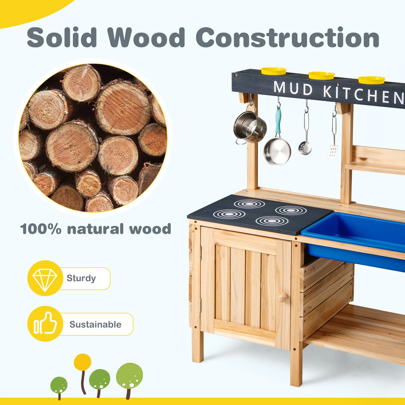 Outdoor Mud Kids Kitchen Playset Wooden Pretend Play Toy with Kitchenware - Image 7