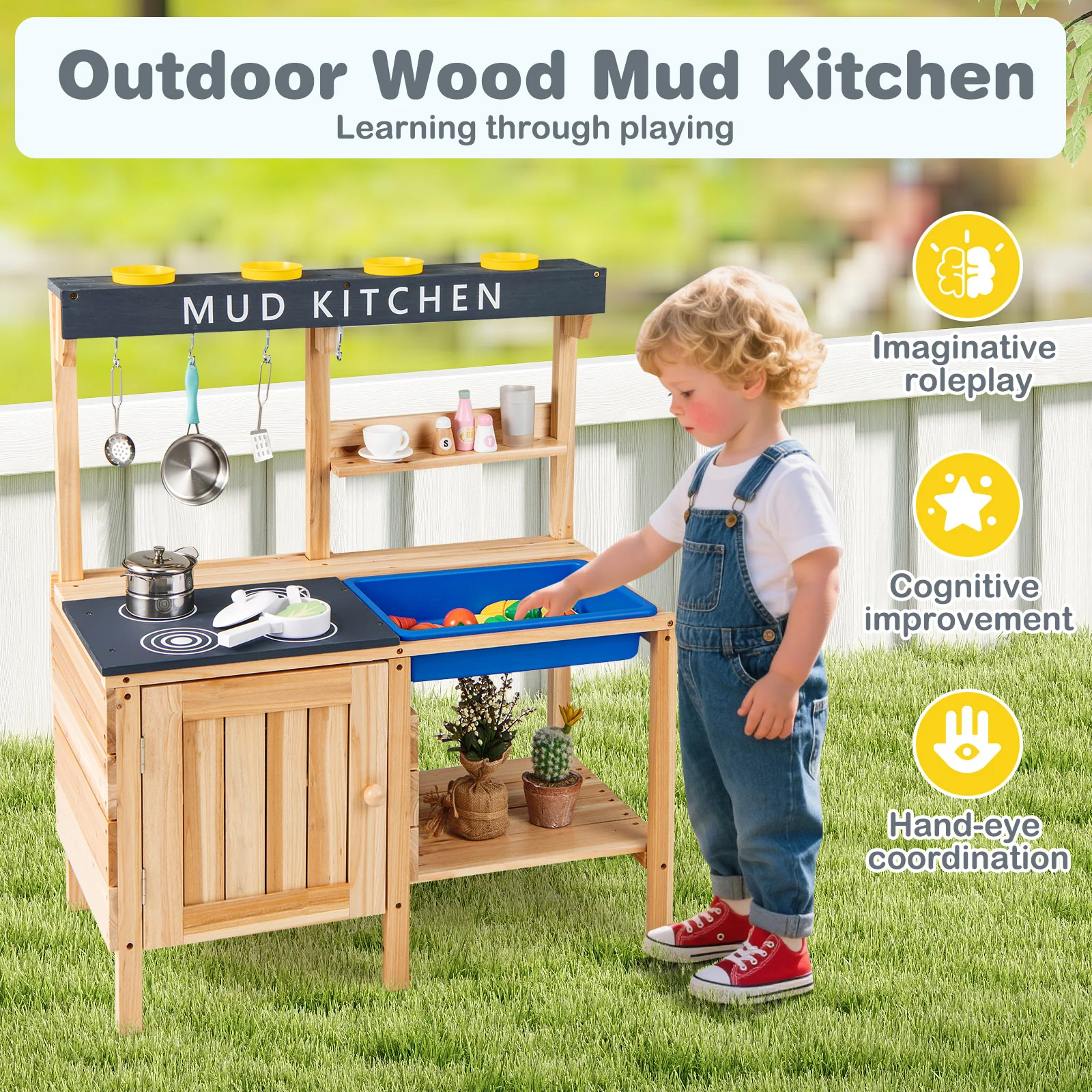 Outdoor Mud Kids Kitchen Playset Wooden Pretend Play Toy with Kitchenware - Image 8