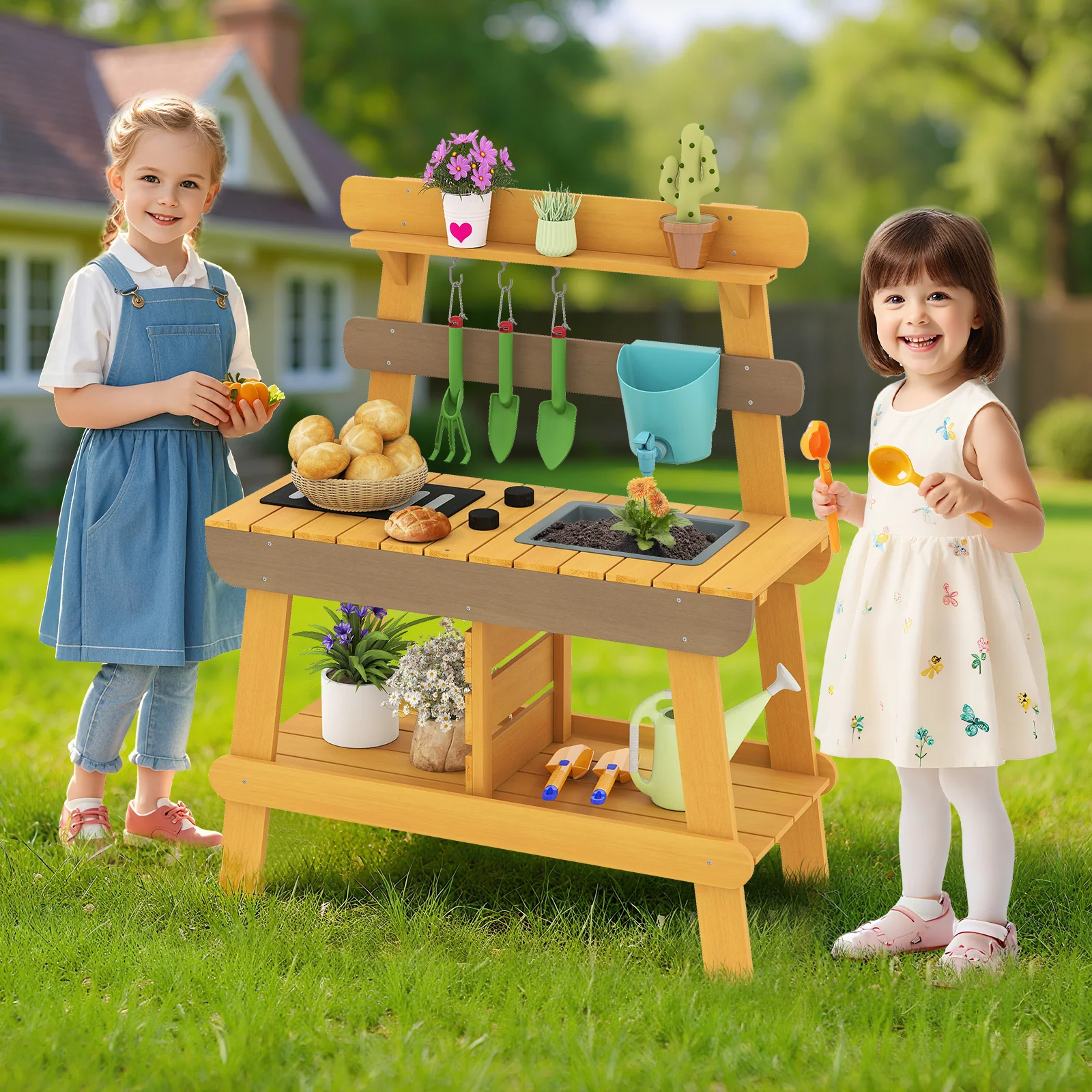 Outdoor Mud Kitchen for Kids Wooden Play Kitchen Toy for Boys Girls Aged 3-8-Yellow - Image 2