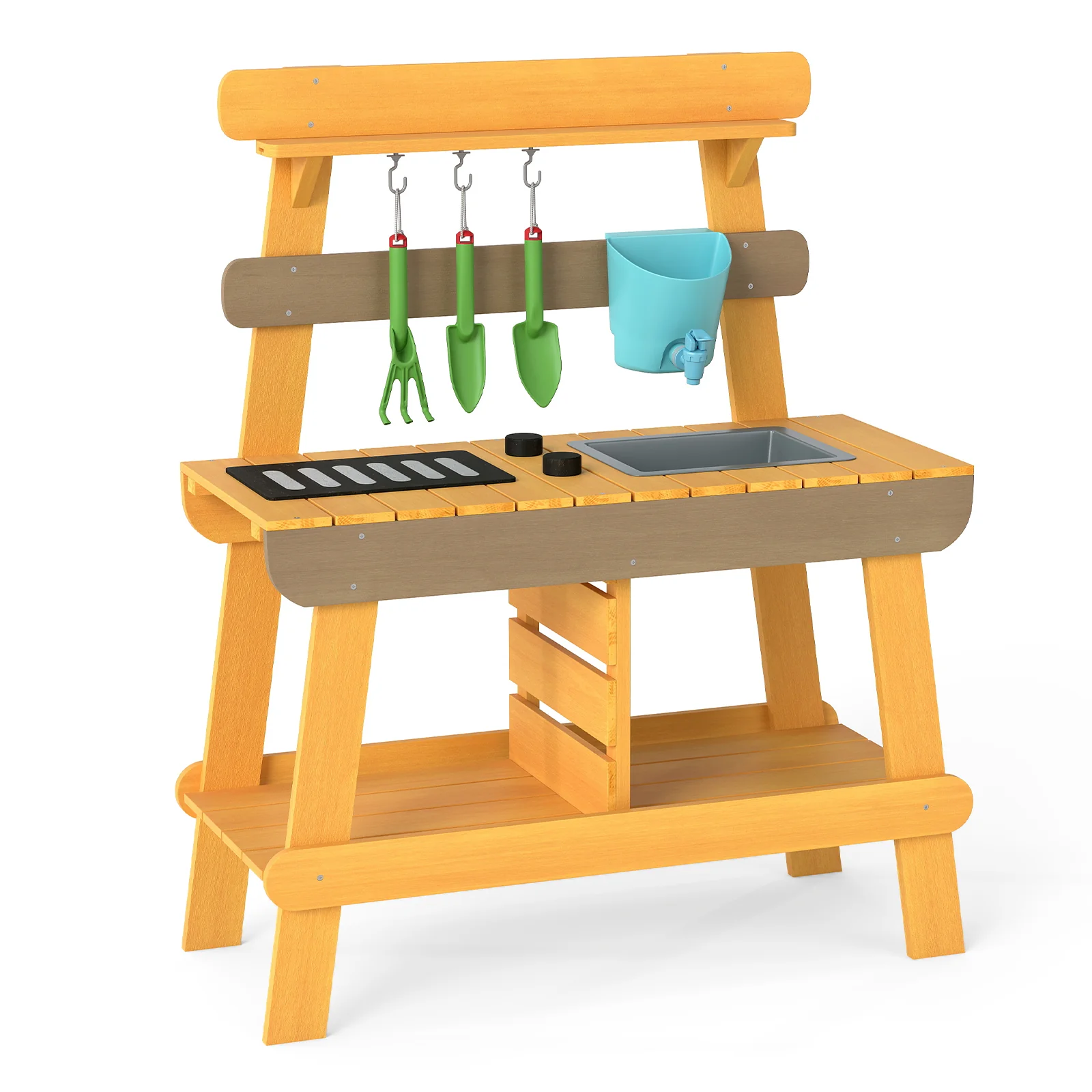 Outdoor Mud Kitchen for Kids Wooden Play Kitchen Toy for Boys Girls Aged 3-8-Yellow - Image 3