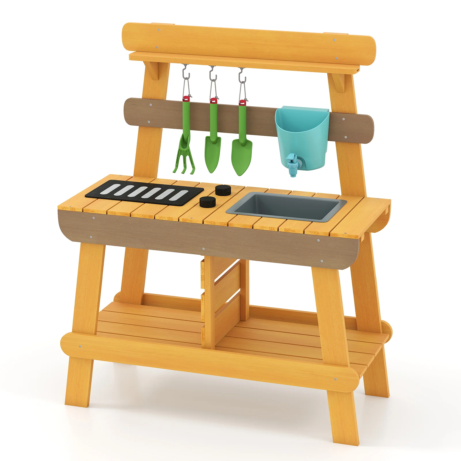 Outdoor Mud Kitchen for Kids Wooden Play Kitchen Toy for Boys Girls Aged 3-8-Yellow - Image 4