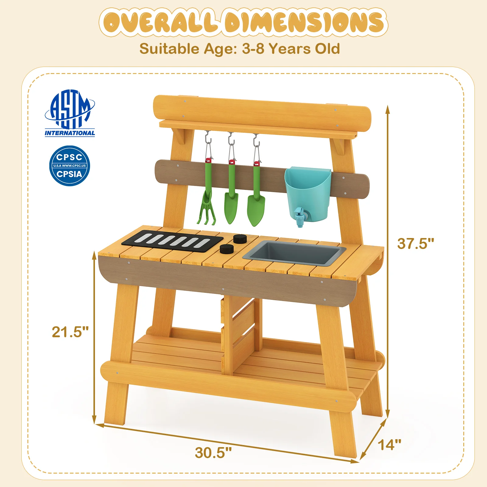 Outdoor Mud Kitchen for Kids Wooden Play Kitchen Toy for Boys Girls Aged 3-8-Yellow - Image 5