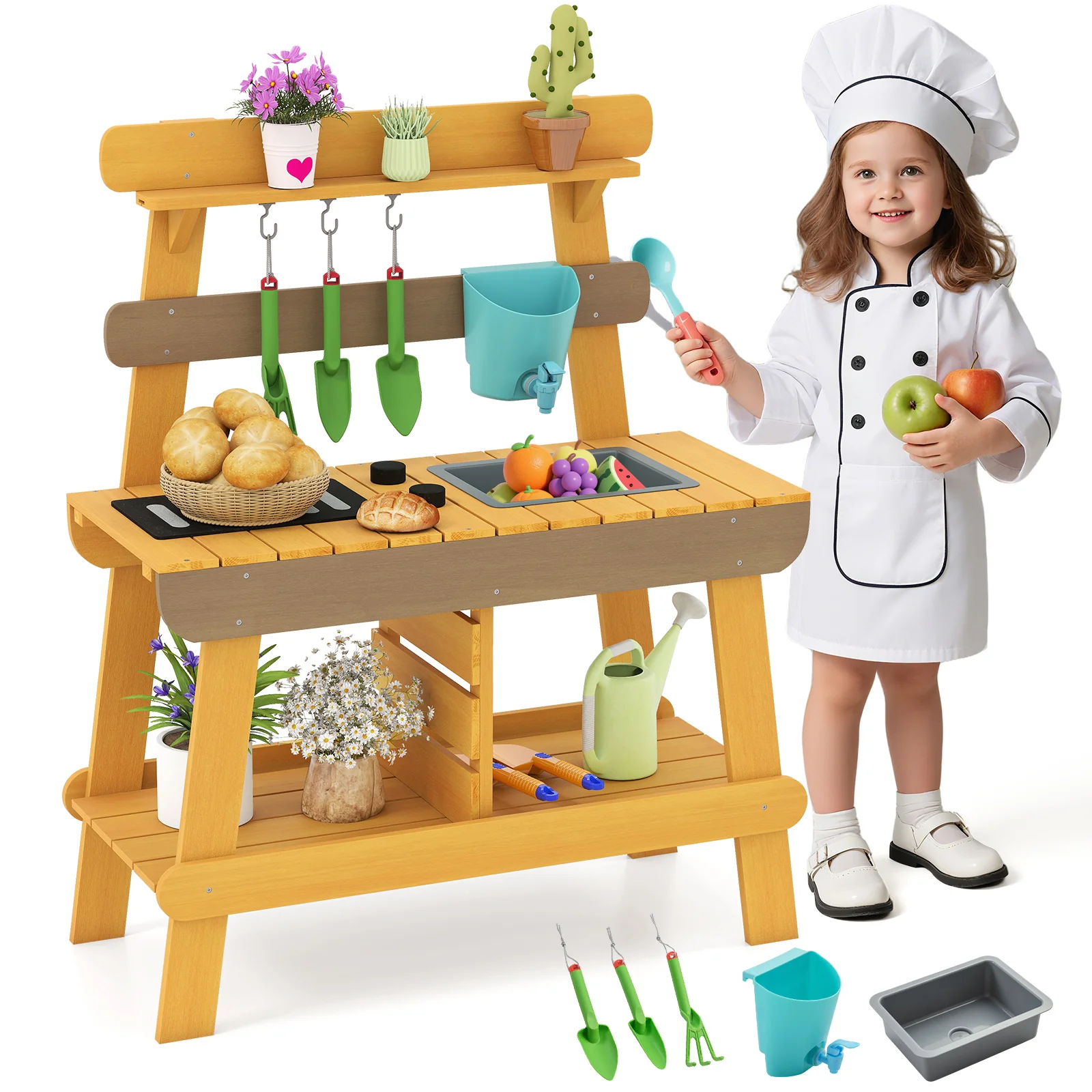 Outdoor Mud Kitchen for Kids Wooden Play Kitchen Toy for Boys Girls Aged 3-8-Yellow - Image 6
