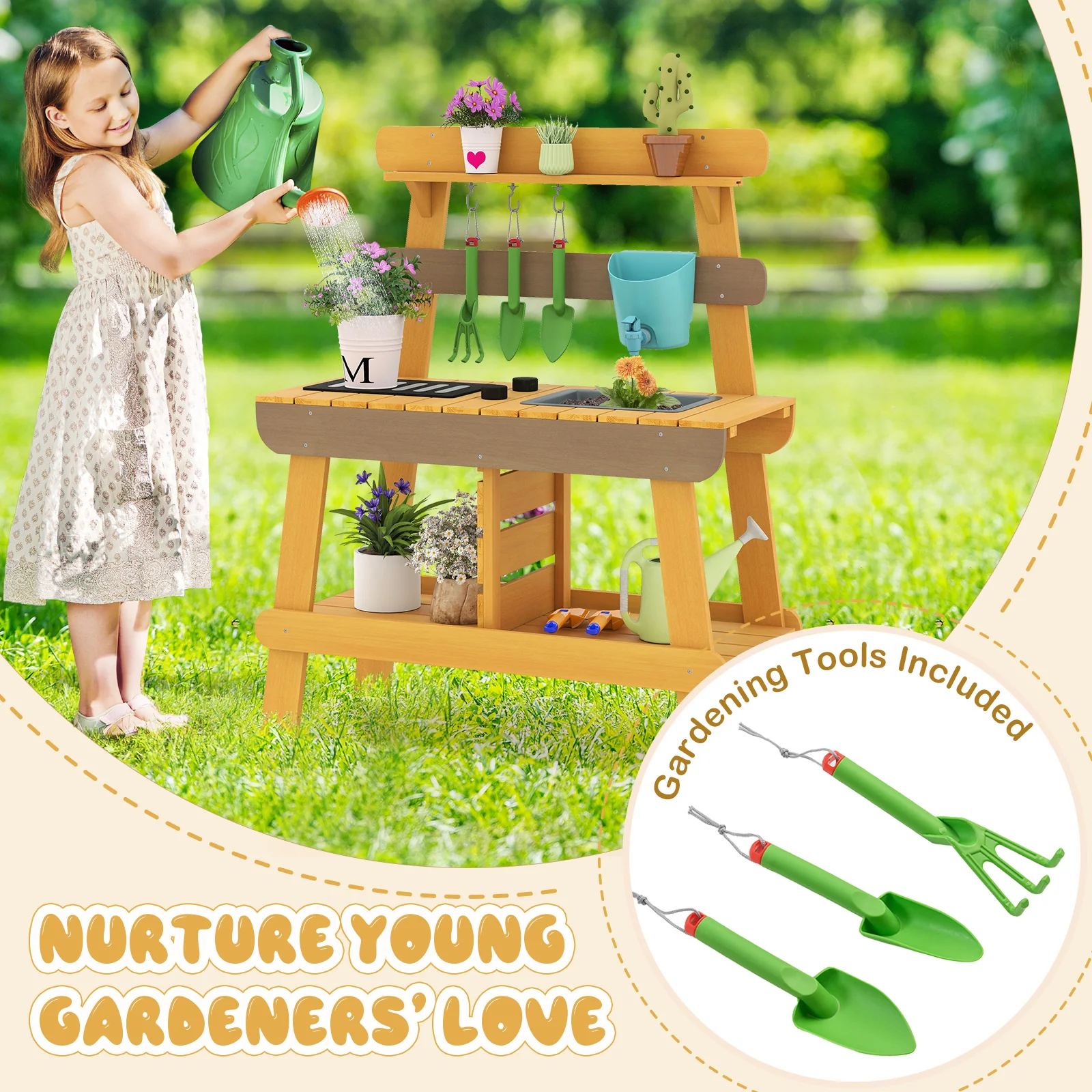 Outdoor Mud Kitchen for Kids Wooden Play Kitchen Toy for Boys Girls Aged 3-8-Yellow - Image 8