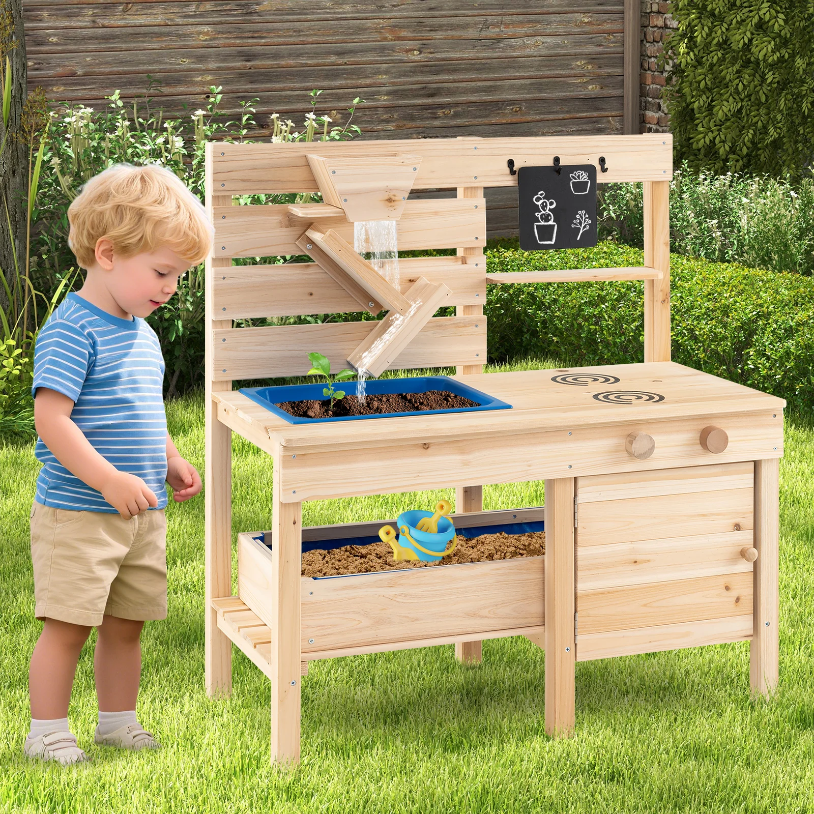 Outdoor Play Pretend Kitchen with Detachable Sandbox and Removable Sink-Natural - Image 2