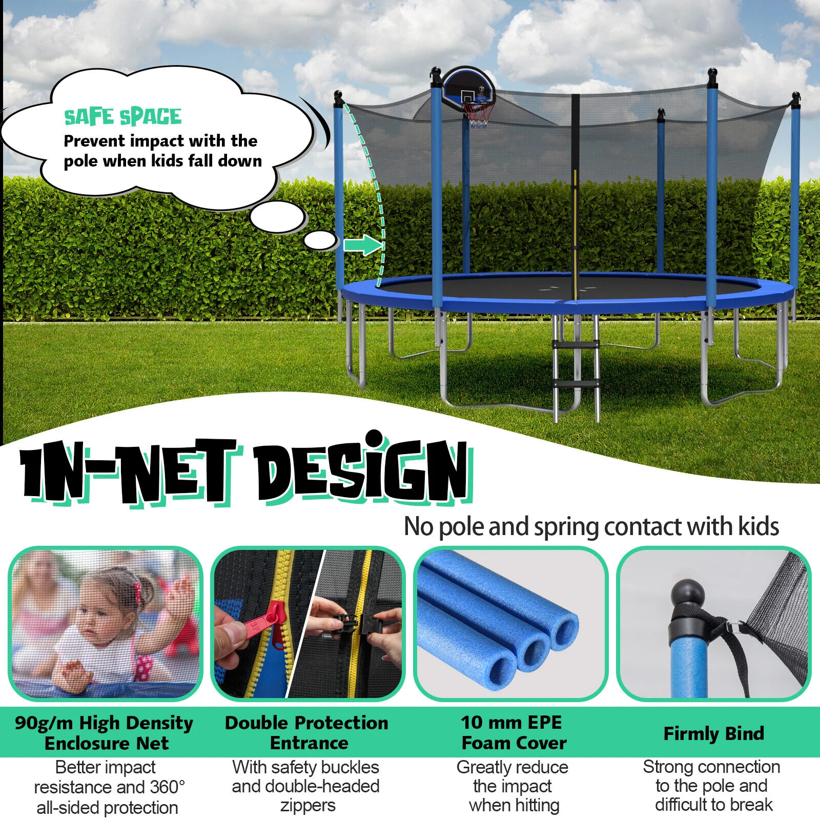 Outdoor Recreational Trampoline with Ladder and Enclosure Net - Image 25