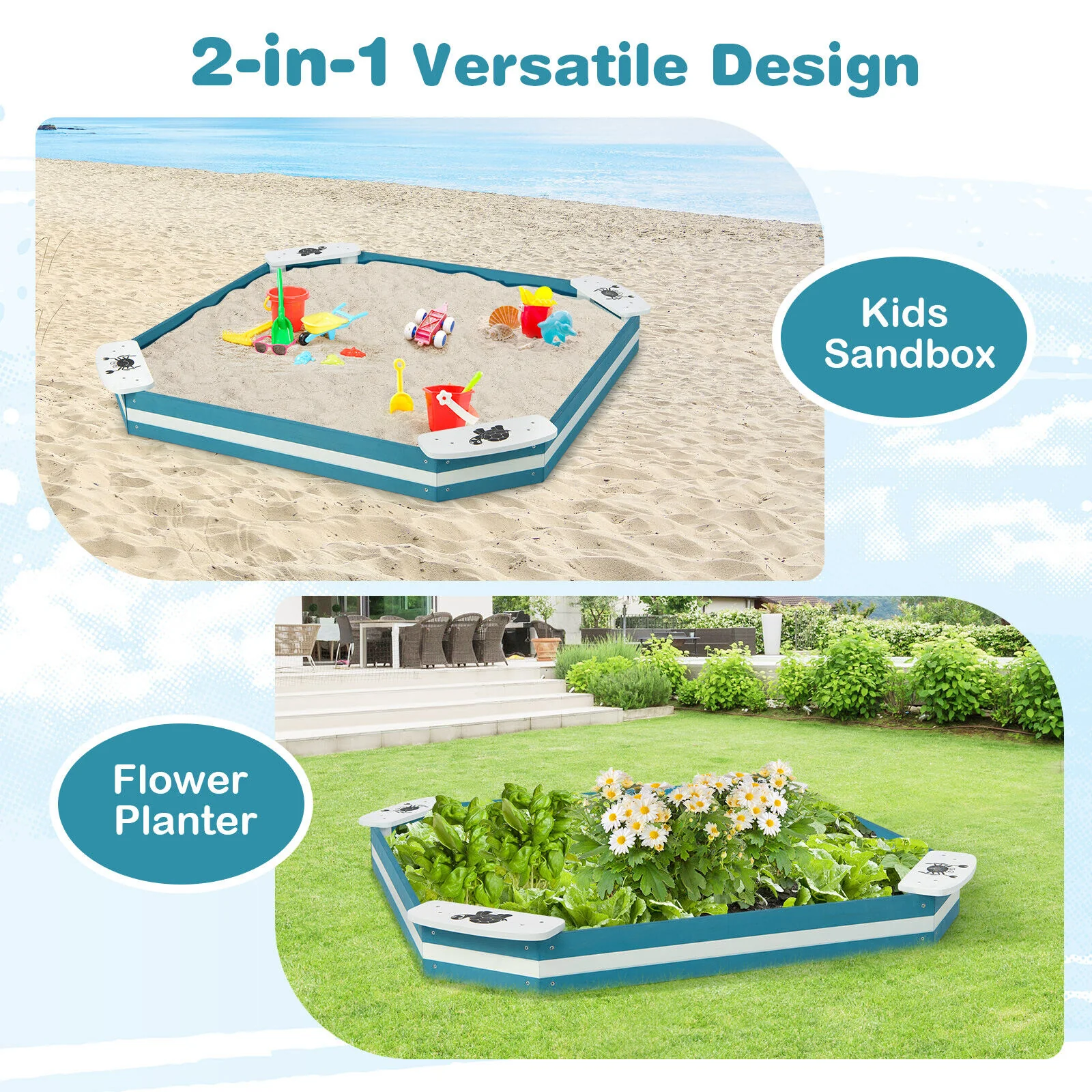Outdoor Solid Wood Sandbox with 4 Built-in Animal Patterns Seats - Image 7