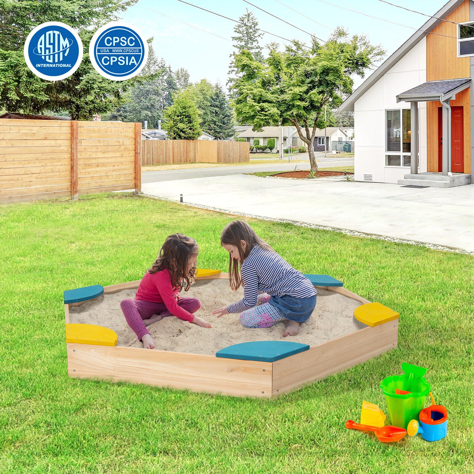Outdoor Solid Wood Sandbox with 6 Built-in Fan-shaped Seats - Image 2