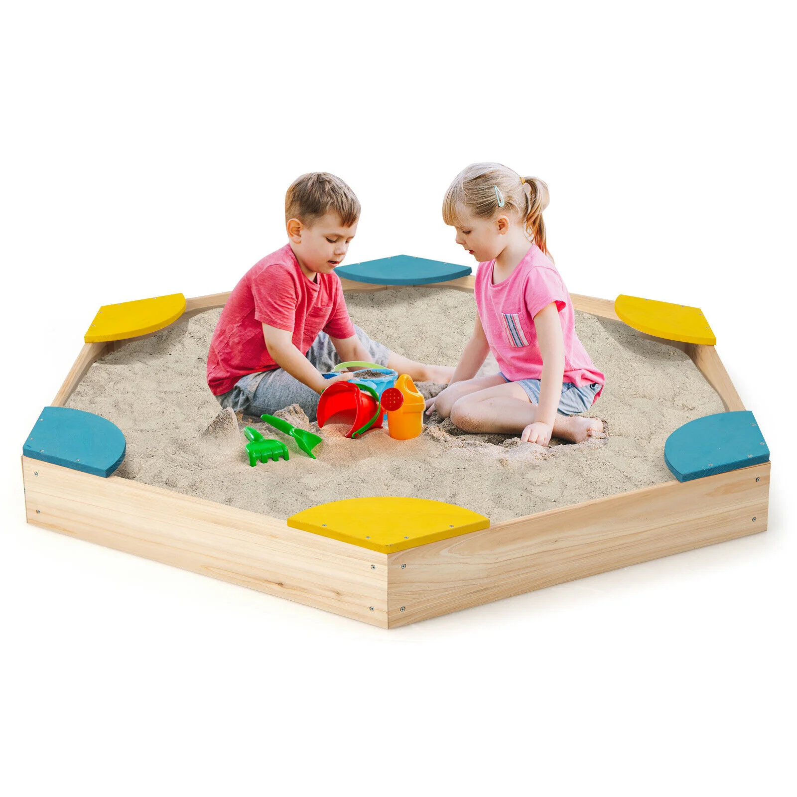 Outdoor Solid Wood Sandbox with 6 Built-in Fan-shaped Seats - Image 3