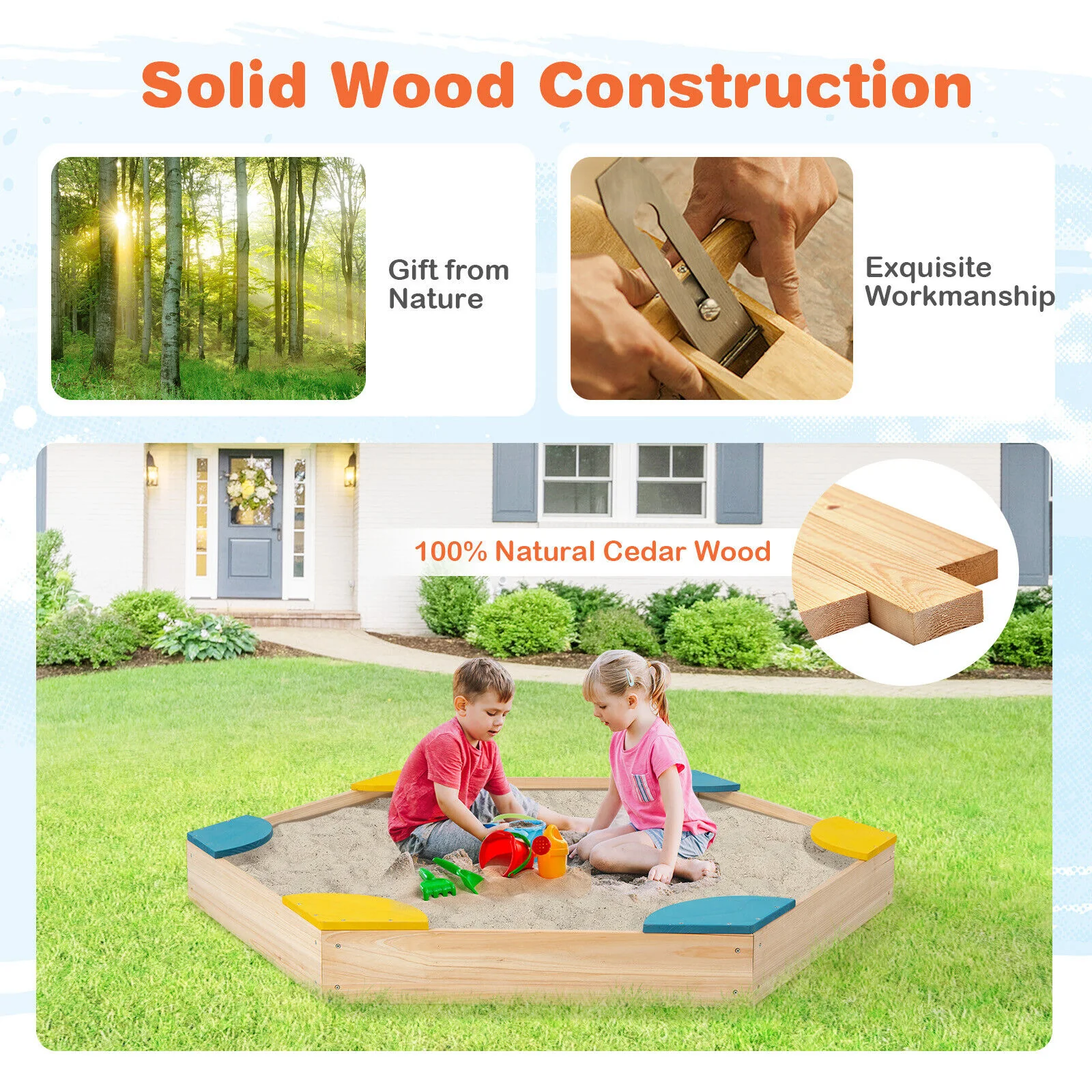 Outdoor Solid Wood Sandbox with 6 Built-in Fan-shaped Seats - Image 6