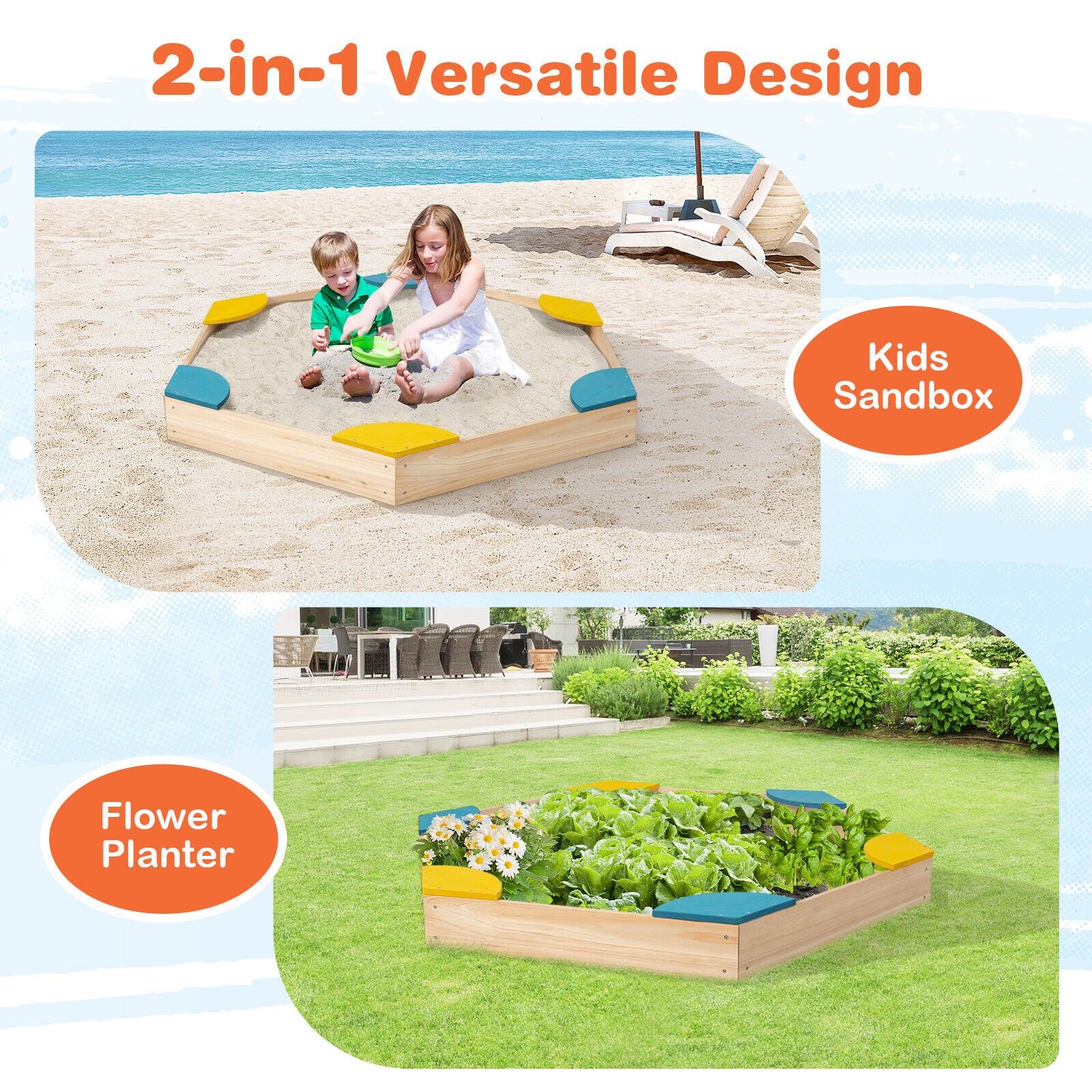 Outdoor Solid Wood Sandbox with 6 Built-in Fan-shaped Seats - Image 7