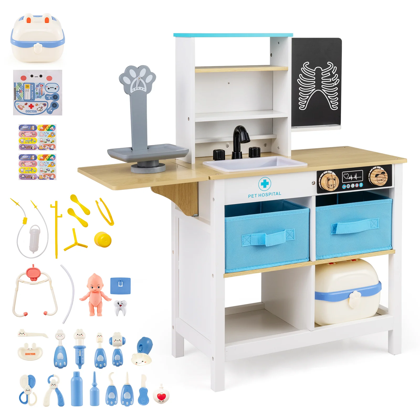 Play Doctor's Office Wood Medical Center Toy Set with Blackboard - Image 3