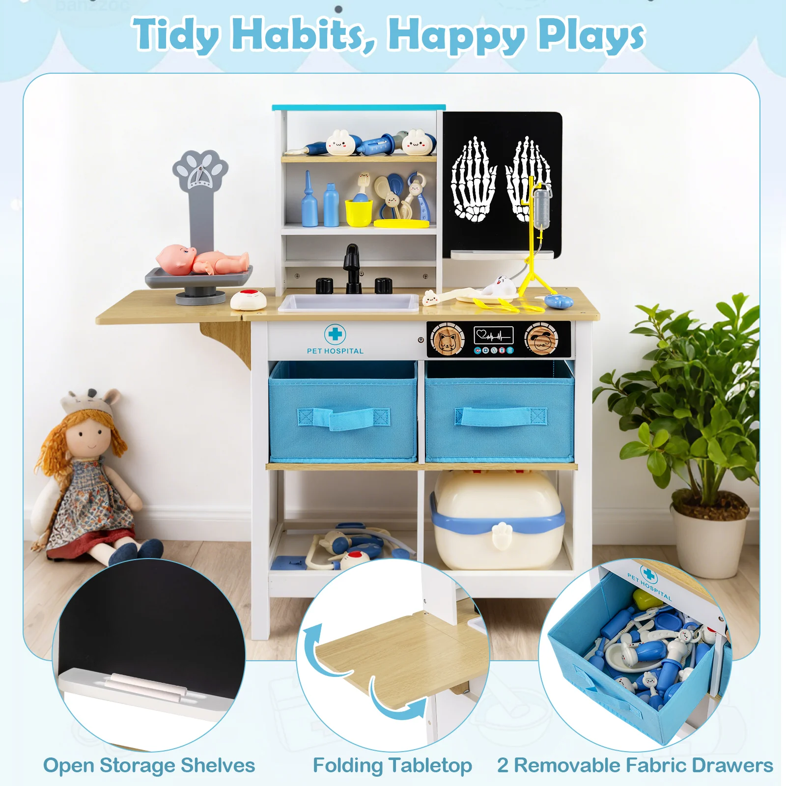 Play Doctor's Office Wood Medical Center Toy Set with Blackboard - Image 8