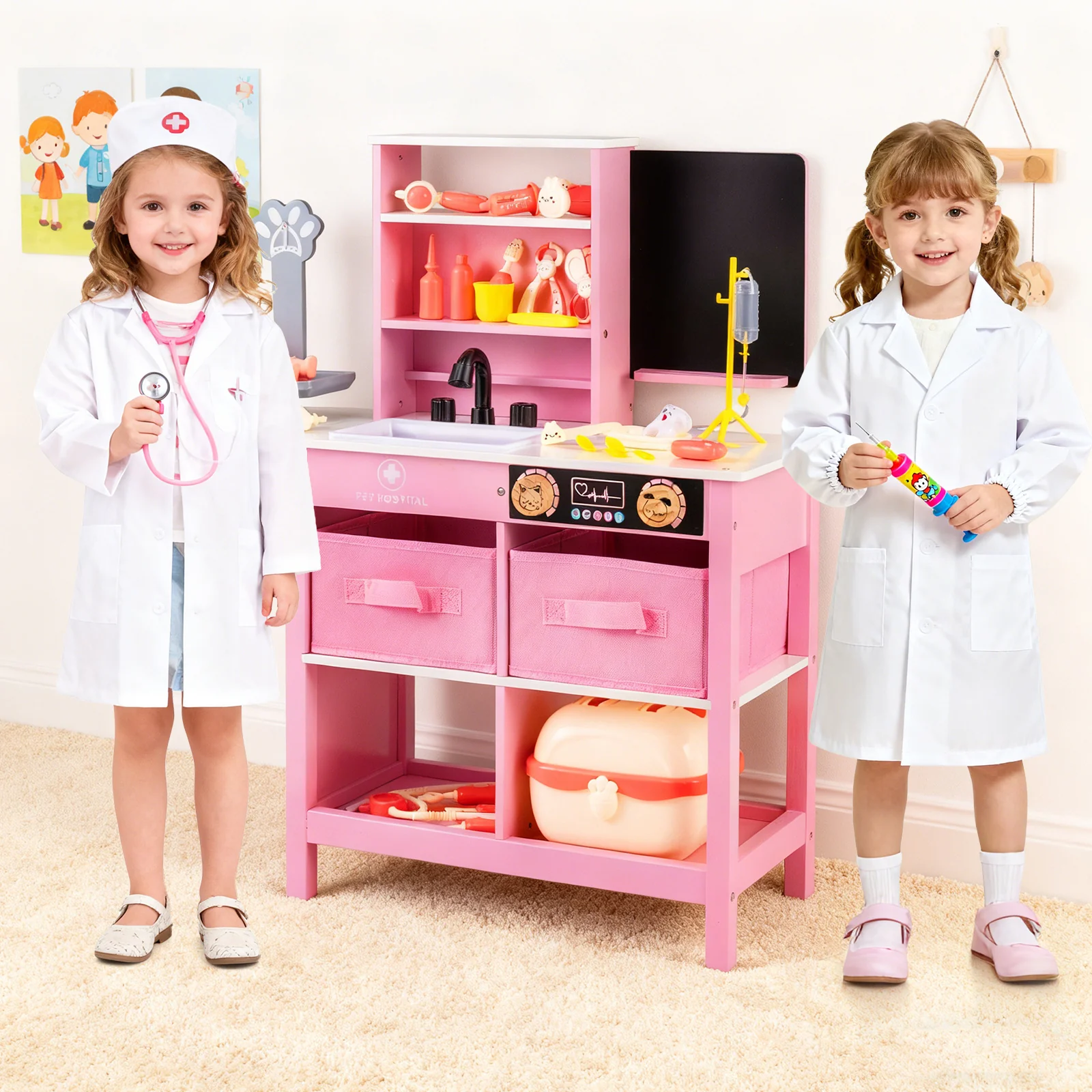 Play Doctor's Office Wood Medical Center Toy Set with Blackboard - Image 9