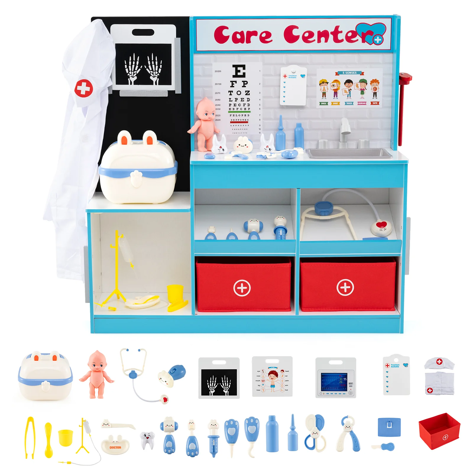Play Doctor's Office Wood Medical Center Toy Set with Examine Region - Image 3