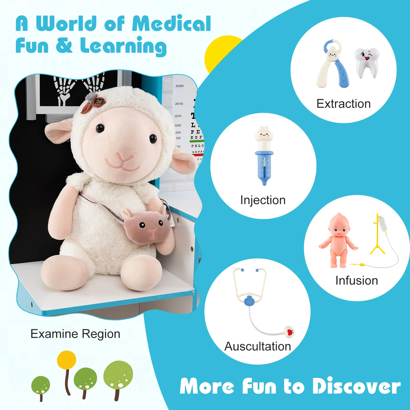 Play Doctor's Office Wood Medical Center Toy Set with Examine Region - Image 7