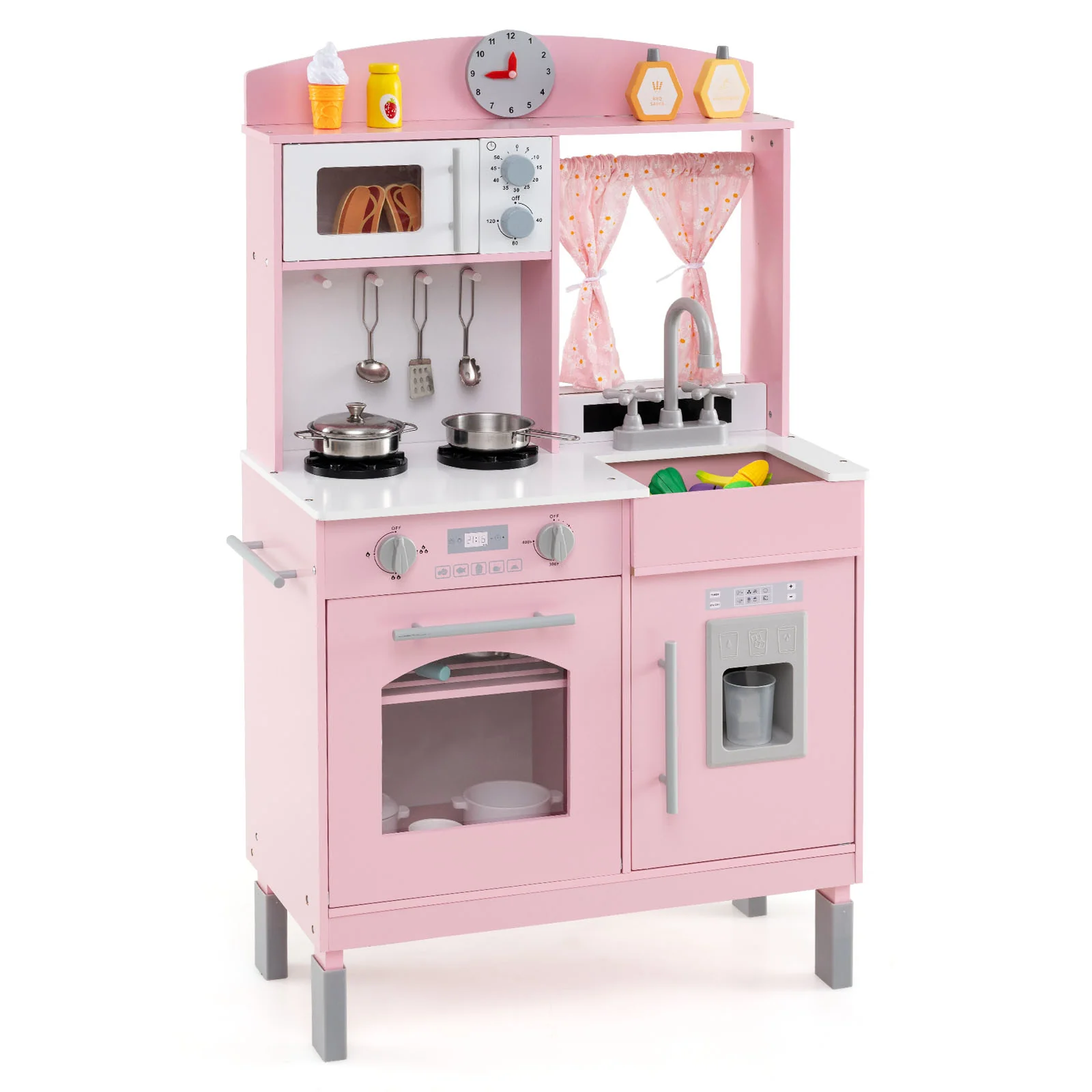 Play Kitchen for Kids Wooden Chef Pretend Playset with 3 Adjustable Heights Microwave - Image 10