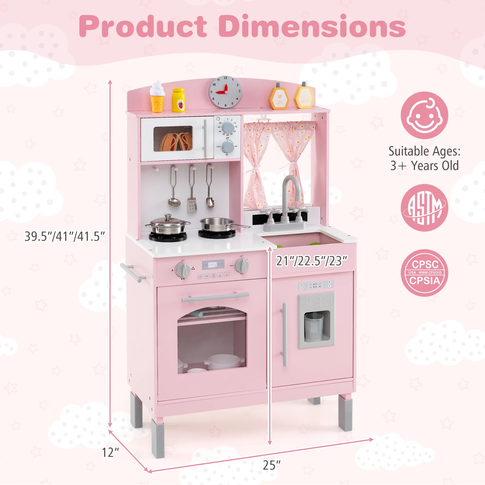 Play Kitchen for Kids Wooden Chef Pretend Playset with 3 Adjustable Heights Microwave - Image 11