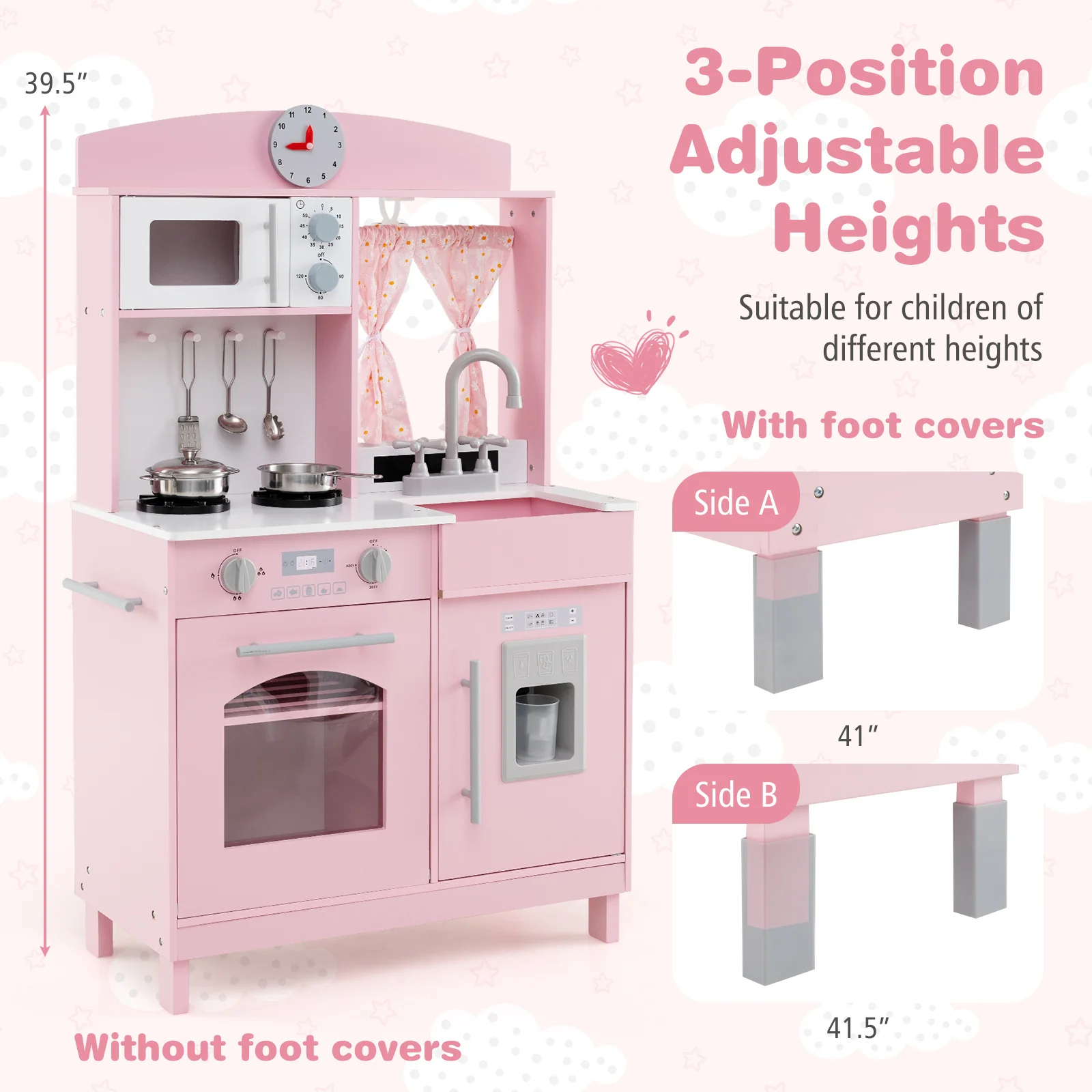 Play Kitchen for Kids Wooden Chef Pretend Playset with 3 Adjustable Heights Microwave - Image 13