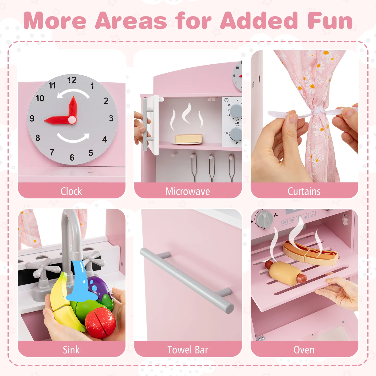 Play Kitchen for Kids Wooden Chef Pretend Playset with 3 Adjustable Heights Microwave - Image 16