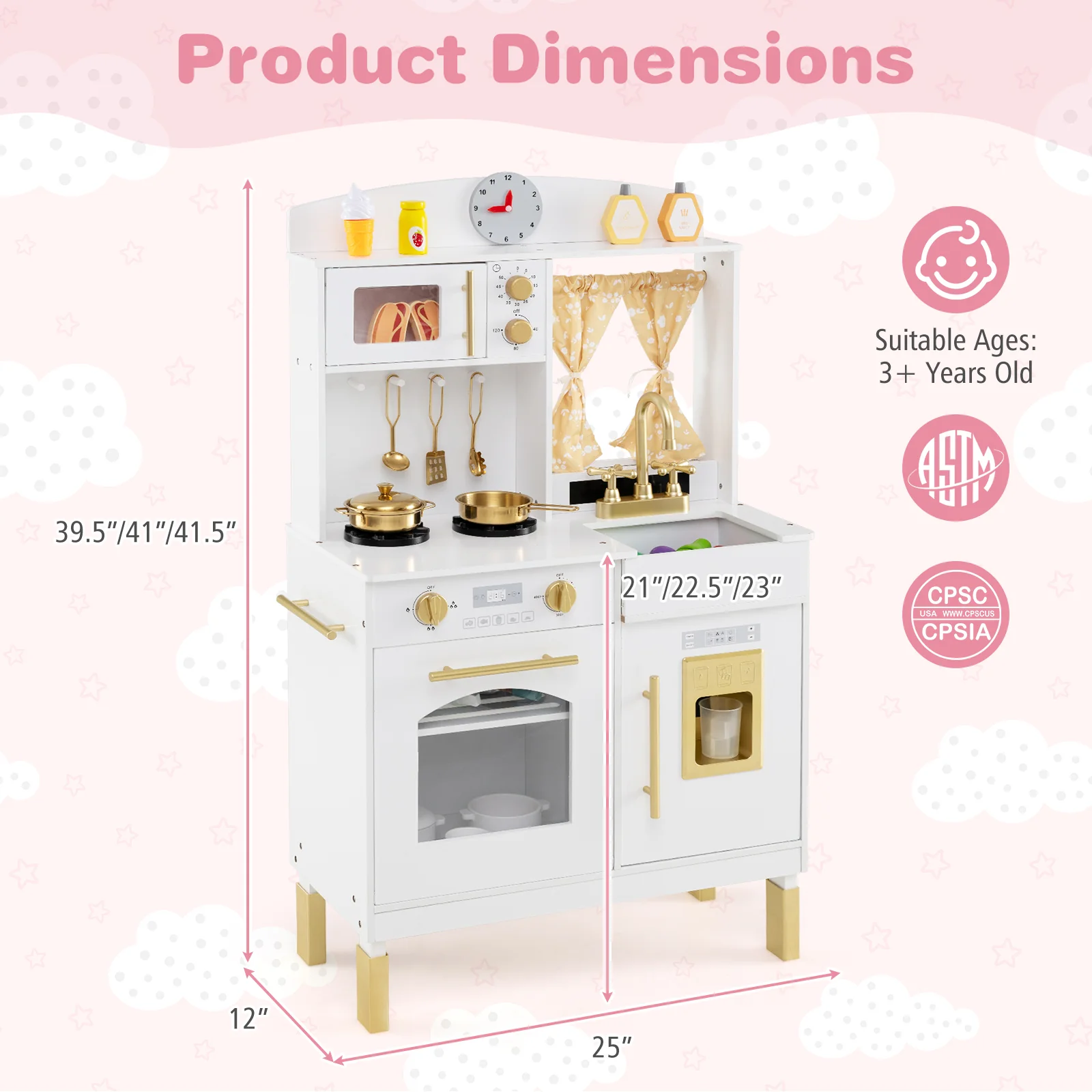 Play Kitchen for Kids Wooden Chef Pretend Playset with 3 Adjustable Heights Microwave - Image 4