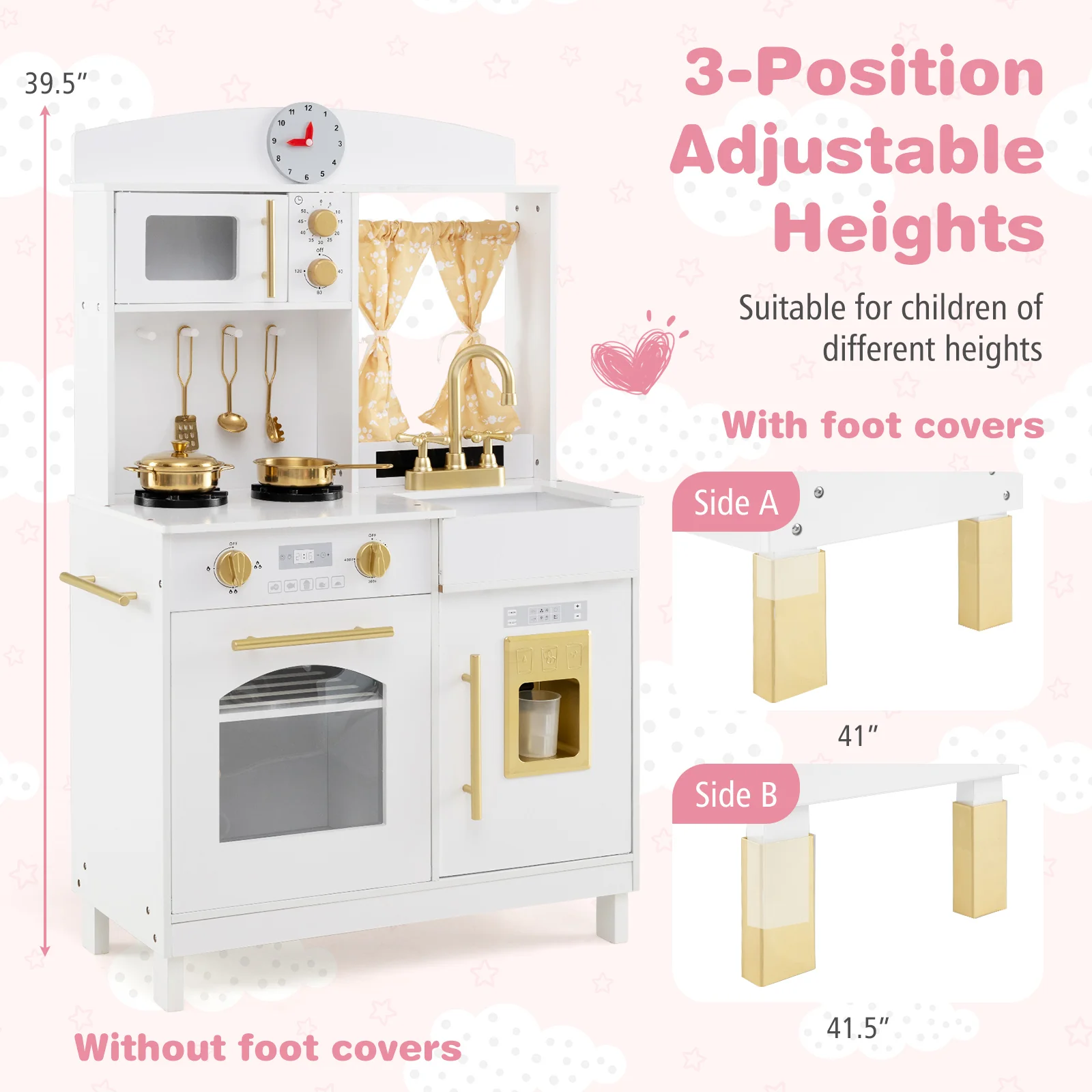 Play Kitchen for Kids Wooden Chef Pretend Playset with 3 Adjustable Heights Microwave - Image 5