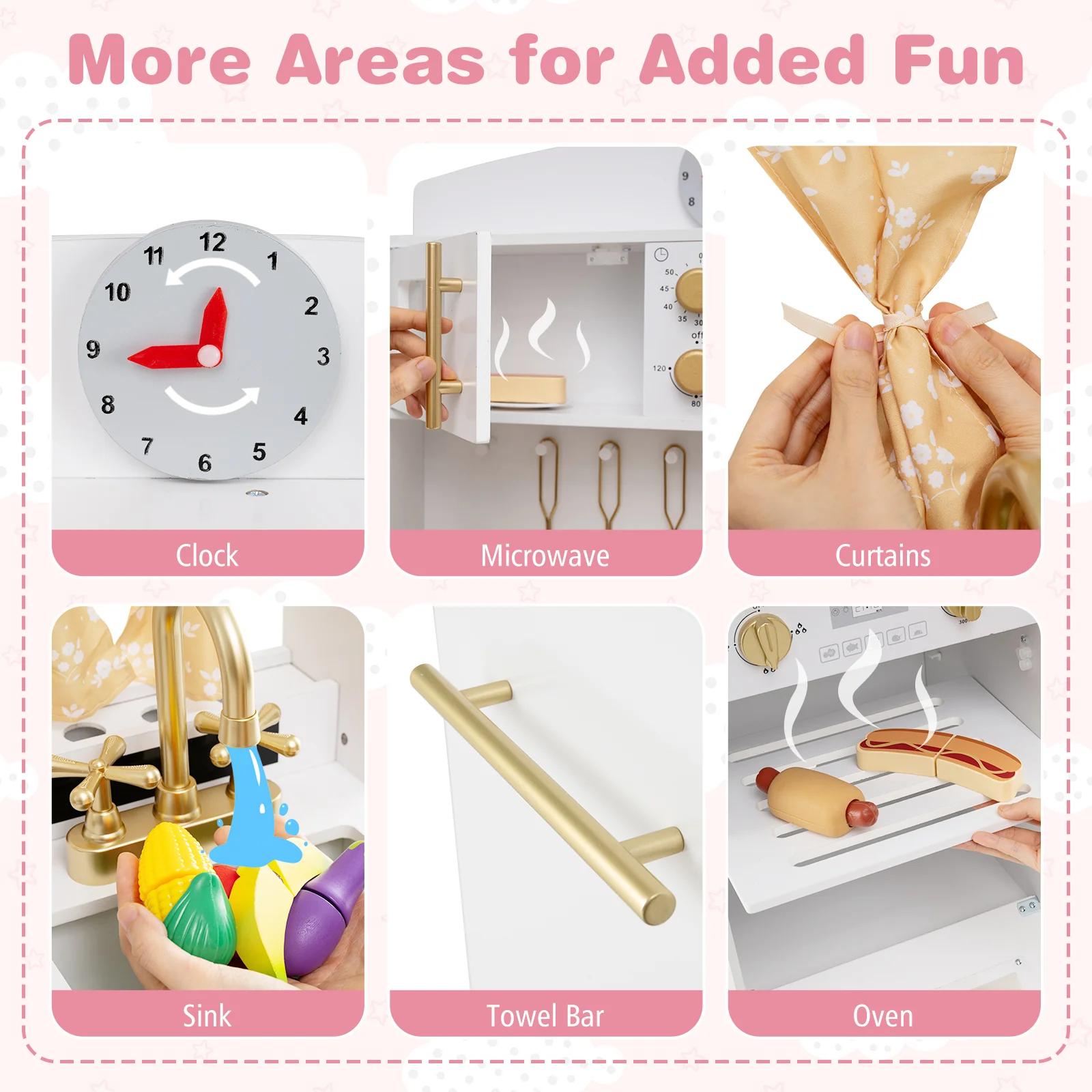 Play Kitchen for Kids Wooden Chef Pretend Playset with 3 Adjustable Heights Microwave - Image 8