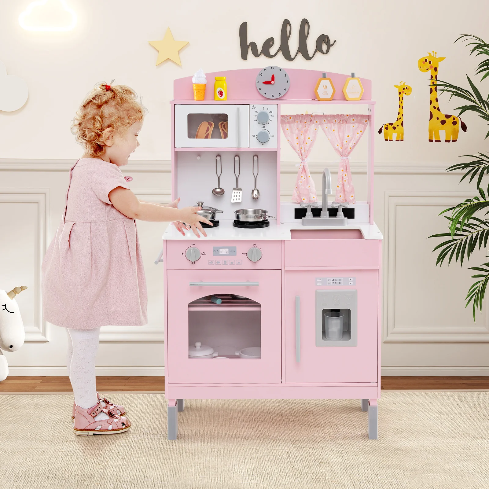 Play Kitchen for Kids Wooden Chef Pretend Playset with 3 Adjustable Heights Microwave - Image 9