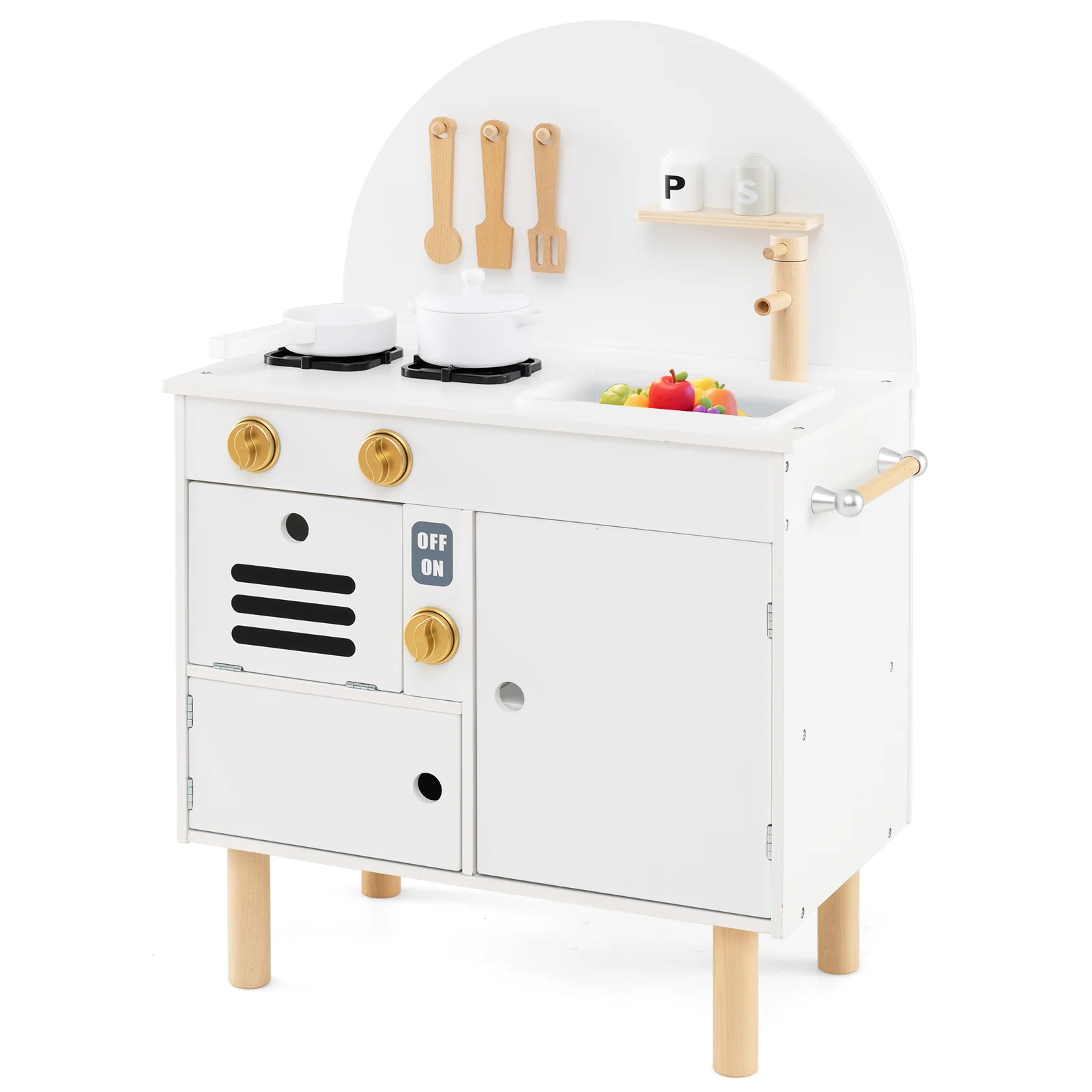 Play Kitchen for Kids Wooden Kitchen Playset with Stoves Faucet Sink Microwave and Oven - Image 11