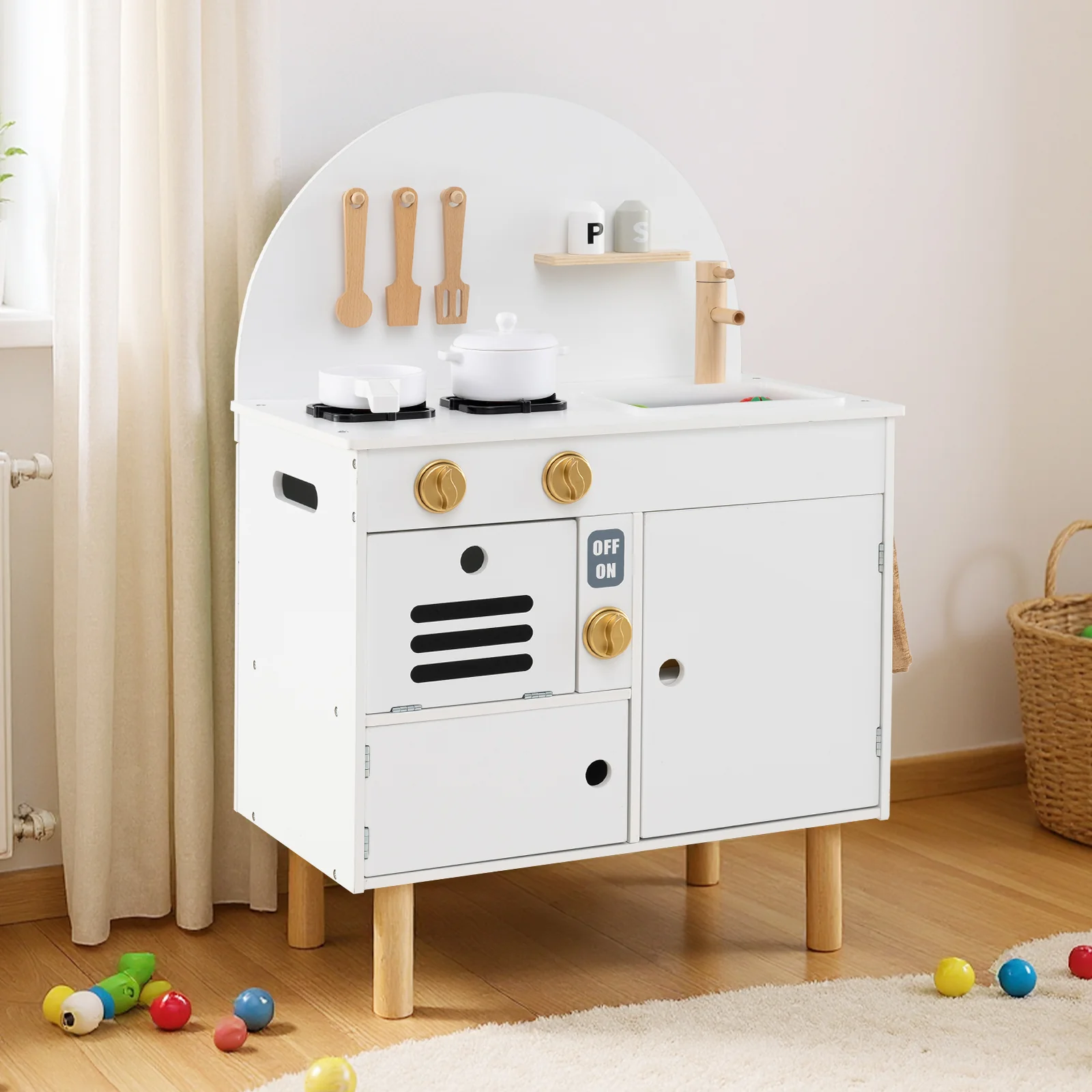 Play Kitchen for Kids Wooden Kitchen Playset with Stoves Faucet Sink Microwave and Oven - Image 13