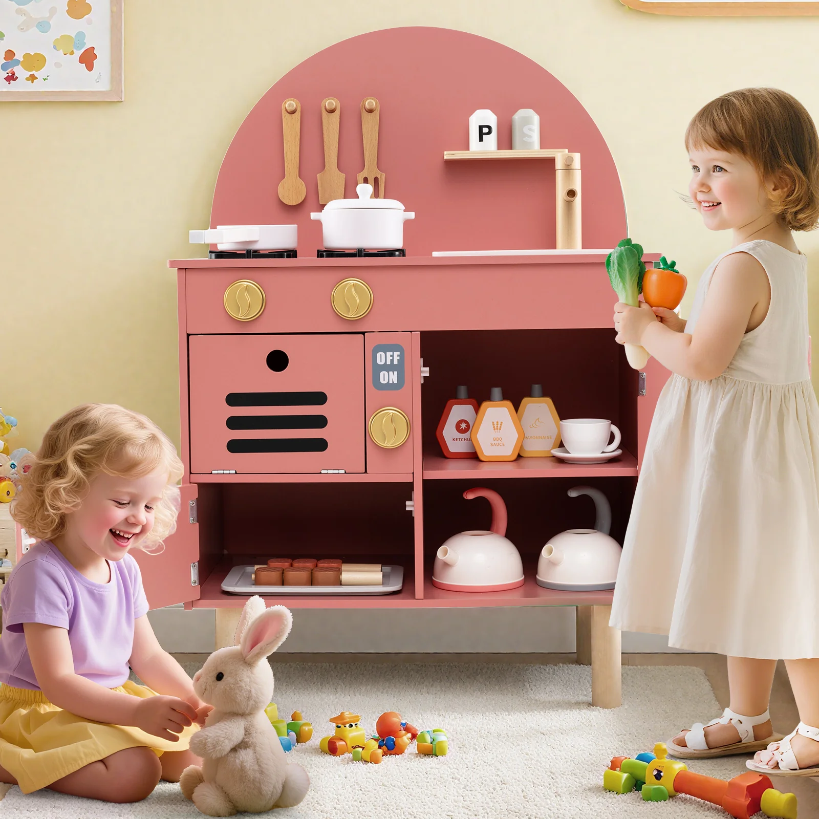 Play Kitchen for Kids Wooden Kitchen Playset with Stoves Faucet Sink Microwave and Oven - Image 2